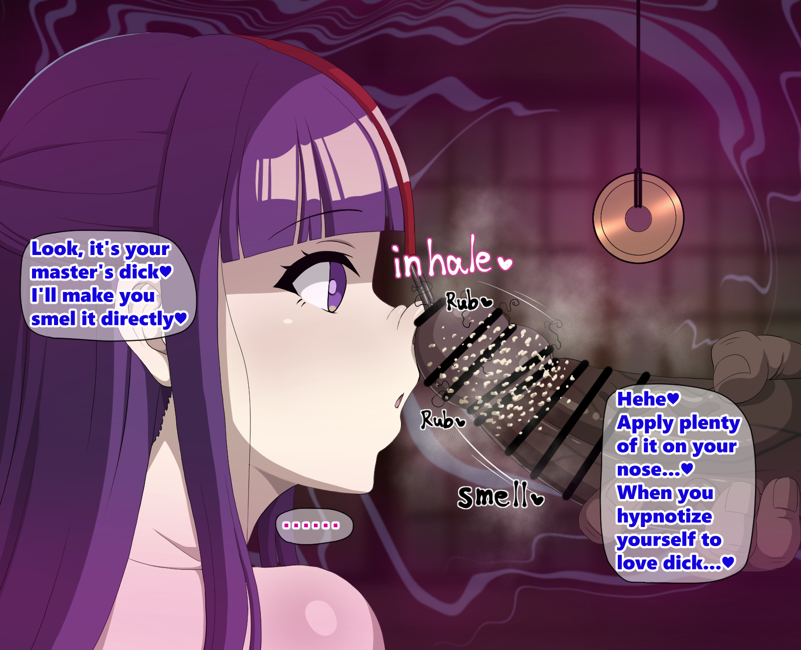 1boy, 1girls, censored, dark skin, dark-skinned male, dialogue bubble, empty eyes, english text, erection, eyes, face closeup, female, fern (sousou no frieren), forced smelling, hypnosis, inhaling, interracial, long hair, male, mind control, nose hook, onomatopoeia, pendulum, penis, penis awe, penis close to face, penis grab, penis on face, penis on nose, penis only, plump, pubic hair on penis, purple eyes, purple hair, smegma, smell, smelly, smelly cock, sousou no frieren, steam, steaming body, steamy, steamy breath, stench, stinky, stray pubic hair, stretching nostrils, suamado, surprised, text, thick, thick thighs, tip, veiny penis, voluptuous, white skin