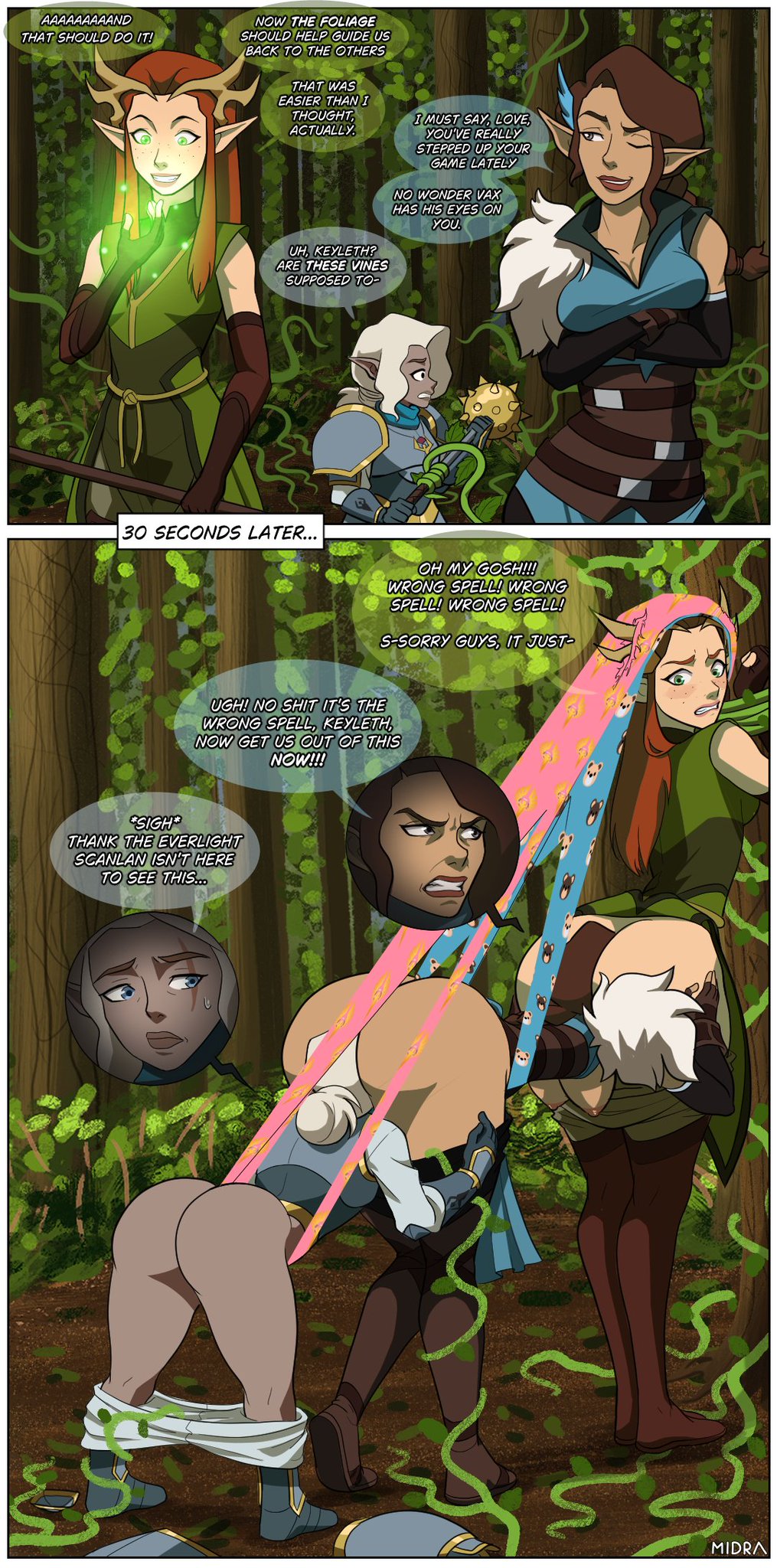 3girls angry antlers armor artist_name artist_signature ass before_and_after blue_eyes braid breasts breasts_out brown_eyes brown_hair centaur_wedgie comic critical_role dialogue dungeons_and_dragons elf embarrassed face_in_ass female forest gnome green_eyes half-elf humiliation keyleth large_ass long_hair looking_back mace magic midra midraw pale_skin pants_down pike_trickfoot ponytail red_hair smile speech_bubble surprised tan_skin the_legend_of_vox_machina trees vex'ahlia vine_bondage vines weapon wedgie white_hair worried