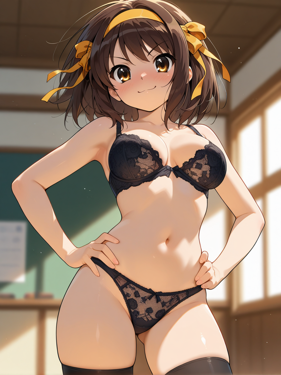 >:) :3 ai_generated bangs bare_arms bare_shoulders black_bra black_clothes black_legwear black_panties black_thighhighs black_underwear blush bow bow_panties bow_underwear bra breasts brown_eyes brown_hair chalkboard classroom clavicle cleavage closed_mouth clothing eyebrows female female_only gluteal_fold hair_ornament hair_ribbon hairband hairbow hands_on_hips hands_on_own_hips headwear indoors lace lace_trim large_breasts legwear light_particles lingerie looking_at_viewer medium_breasts medium_hair milfhunter228 navel orange_bow pantsu ribbon short_hair skindentation smile smug solo standing stomach suzumiya_haruhi suzumiya_haruhi_no_yuuutsu thighhighs thighs underwear underwear_only v-shaped_eyebrows window yellow_bow yellow_hairband yellow_ribbon