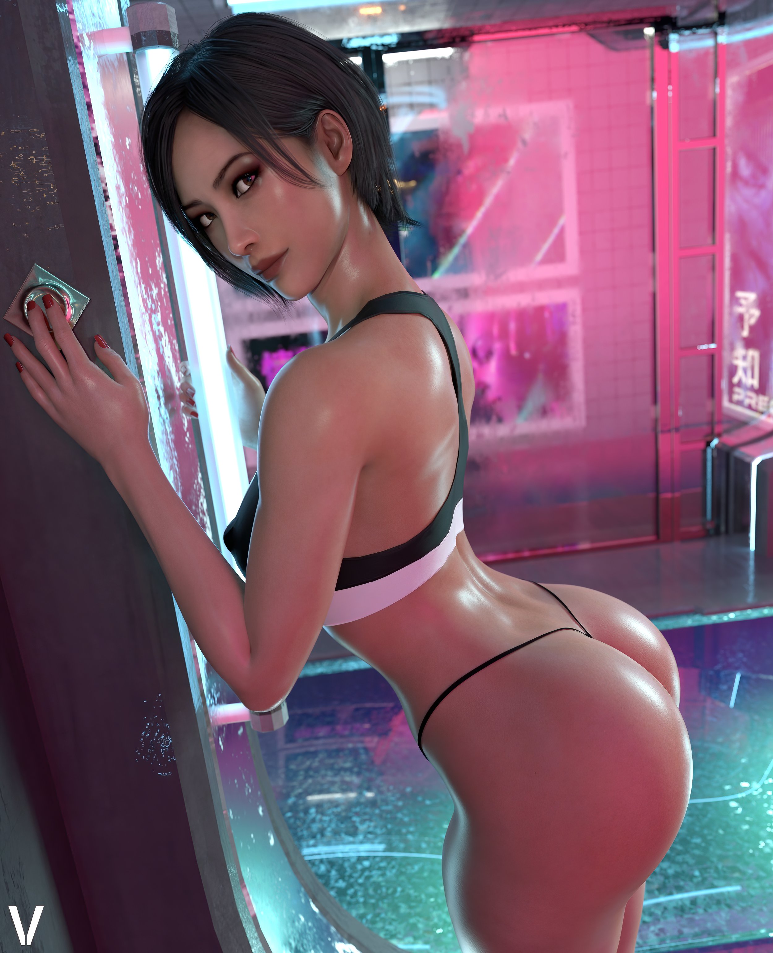 1girls, 2025, 3d, ada wong, ada wong (adriana), ass, biohazard, black hair, brown eyes, bubble ass, bubble butt, condom, condom wrapper, cowboy shot, cyberpunk background, erect nipples, erect nipples under clothes, female, female only, g-string, holding condom, huge ass, lingerie, lingerie only, long fingernails, looking at viewer, nail polish, nipple bulge, nipples, painted nails, pokies, red lipstick, red nail polish, resident evil, resident evil 2, resident evil 2 remake, resident evil 4, resident evil 4 remake, sci-fi, short hair, solo, sports bra, underwear, underwear only, vyse red