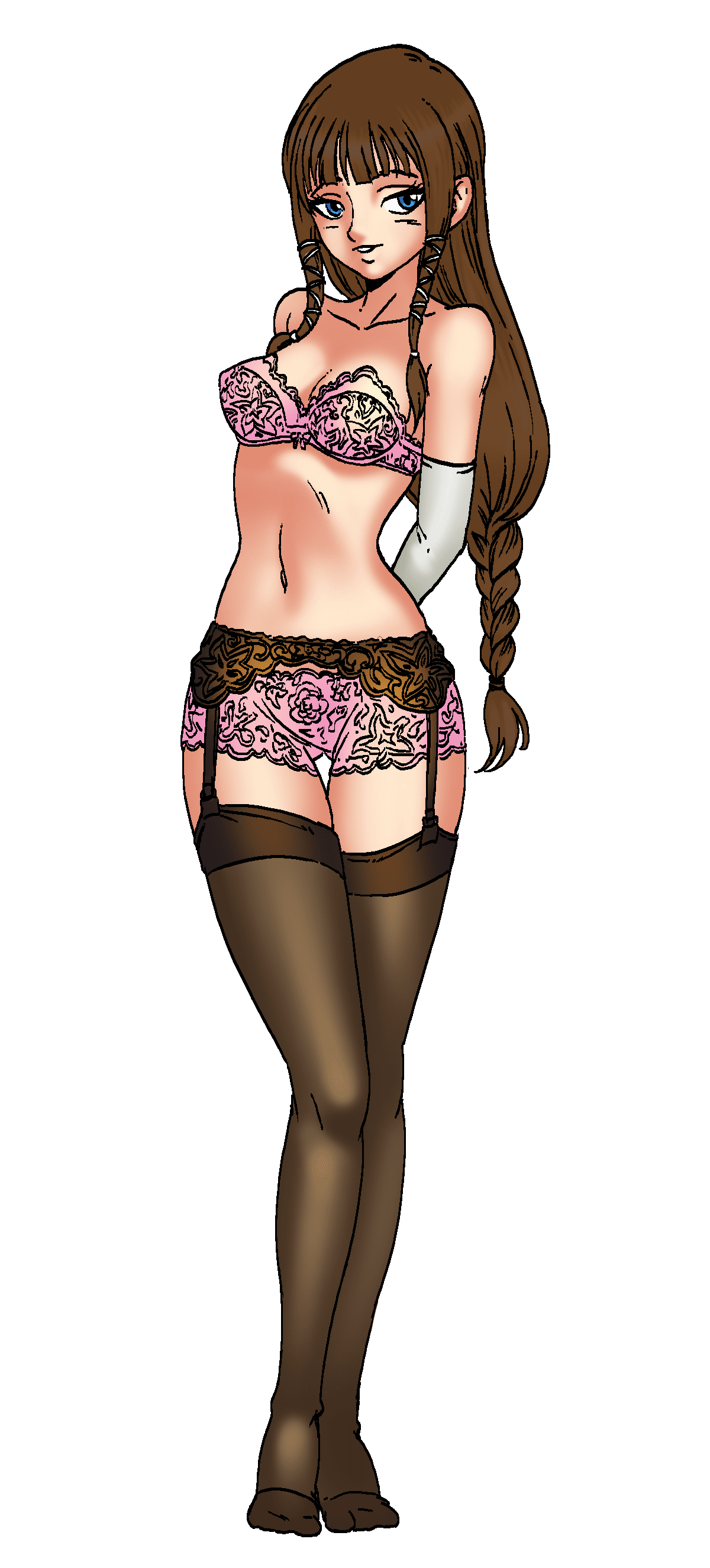 arms_behind_back blue_eyes bra braid breasts brown_hair cg elbow_gloves female garter_belt gloves hentai_heroes lingerie long_hair medium_breasts navel official_art panties parody pink_bra pink_panties princess_agate_(hentai_heroes) solo thighhighs underwear underwear_only zelda_(twilight_princess)