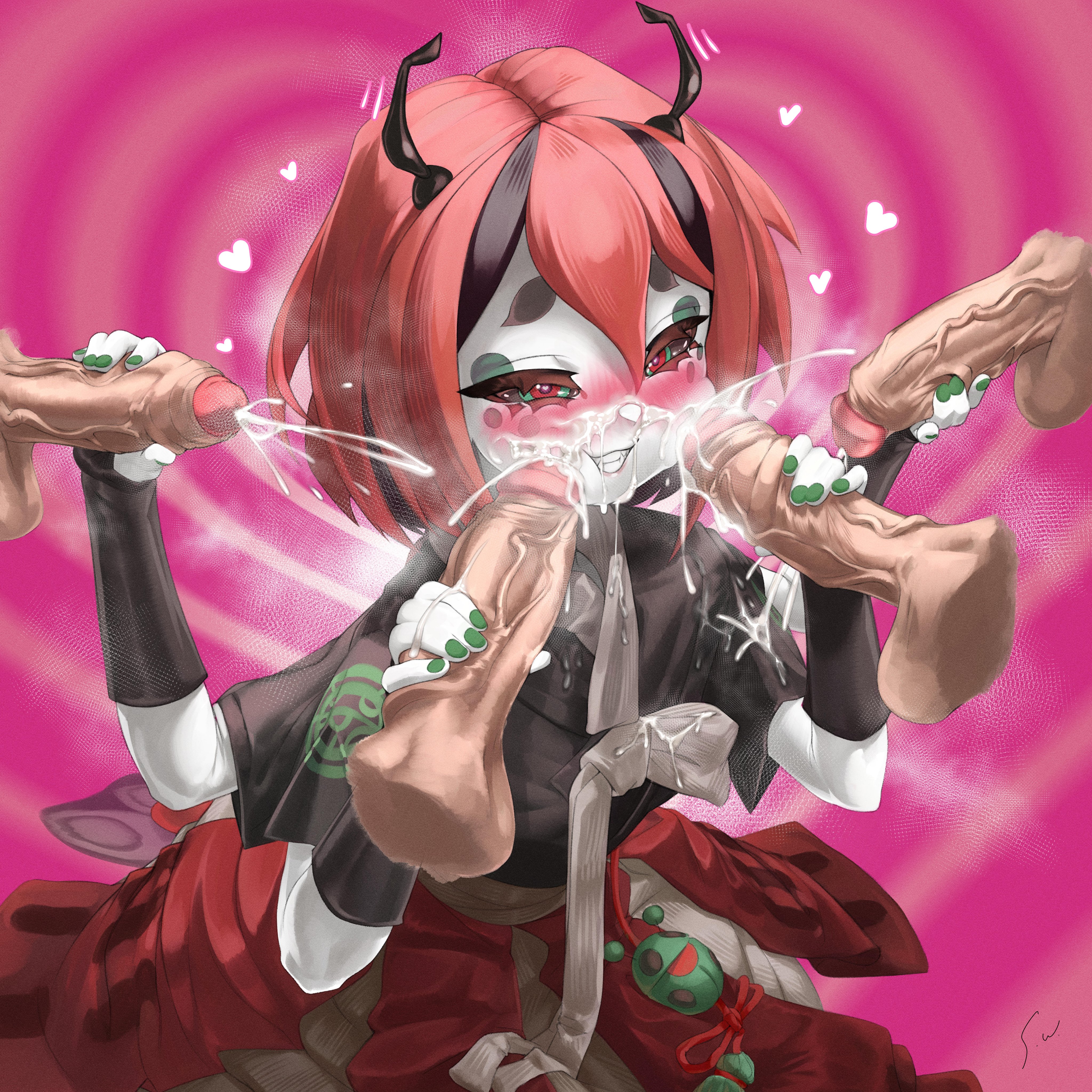 antennae (anatomy), arthropod girl, arthropod humanoid, beastiez, beribug, big eyebrows, black sclera, black tongue, blush, blushing female, clothed, clothed female, cum, cum on arm, cum on body, cum on face, cumming, cumming together, cumshot, disembodied limb, disembodied penis, disembodied penises, fangs, female, fivesome, floating penis, green nails, grey skin, handjob, heart, heart eyes, heart-shaped pupils, hearts around head, indie virtual youtuber, indie vtuber, male, marking below eyes, multi arm, multi limb, multiple males, painted nails, penis, penis against cheek, penis against face, red hair, sedua weynn, semen, semen on face, sitting, skirt, smile, smiling, squint, squinted eyes, squinting, teeth, virtual youtuber, vtuber, vtuberfanart