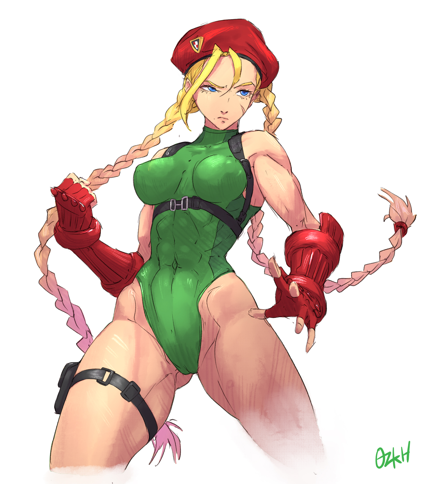 1girls, 2020, 2d, artist name, artist signature, beret, blonde hair, blue eyes, breasts, cammy white, female, gloves, hat, leotard, light skin, muscular, muscular female, ozkh, solo, solo female, street fighter