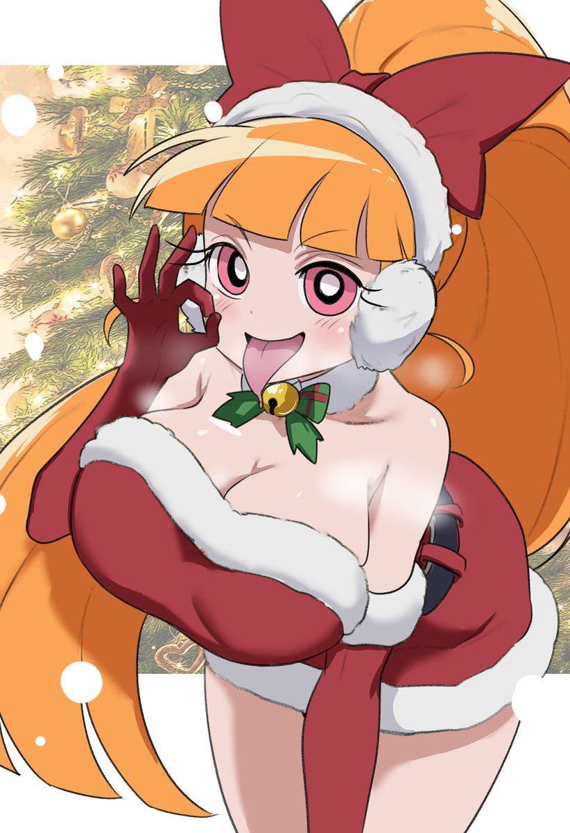 1girls, big breasts, blossom (powerpuff girls), blowjob gesture, breasts, christmas, cleavage, clothed female, female, geulimykun (skbyunea413), light skin, light-skinned female, long hair, momoko akatsutsumi, naughty face, no nostrils, orange hair, powerpuff girls, powerpuff girls z, red eyes, santa costume, solo, solo female, thick thighs, thighs, tongue, tongue out