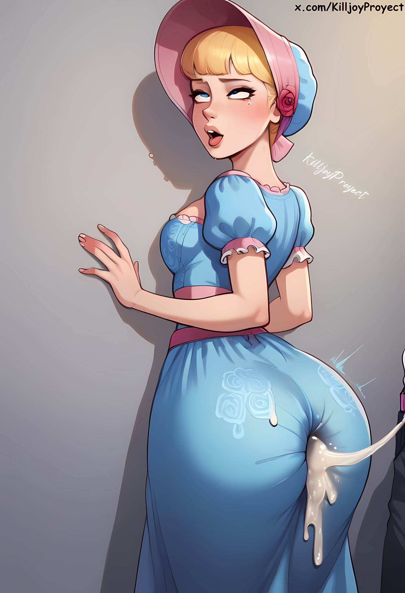 after anal, after sex, ai generated, anal through clothes, anal through dress, anal through skirt, ass, ass focus, big ass, blonde hair, blue dress, bo peep, clothed, clothing, cum, cum in ass, cum on clothes, disney, dress, excessive cum, female, fucked through clothes, fucked through dress, fucked through skirt, huge ass, killjoyproject, looking back, penetration through clothes, pixar, sex through clothes, sex through dress, sex through skirt, short hair, solo, solo focus, standing, toy story