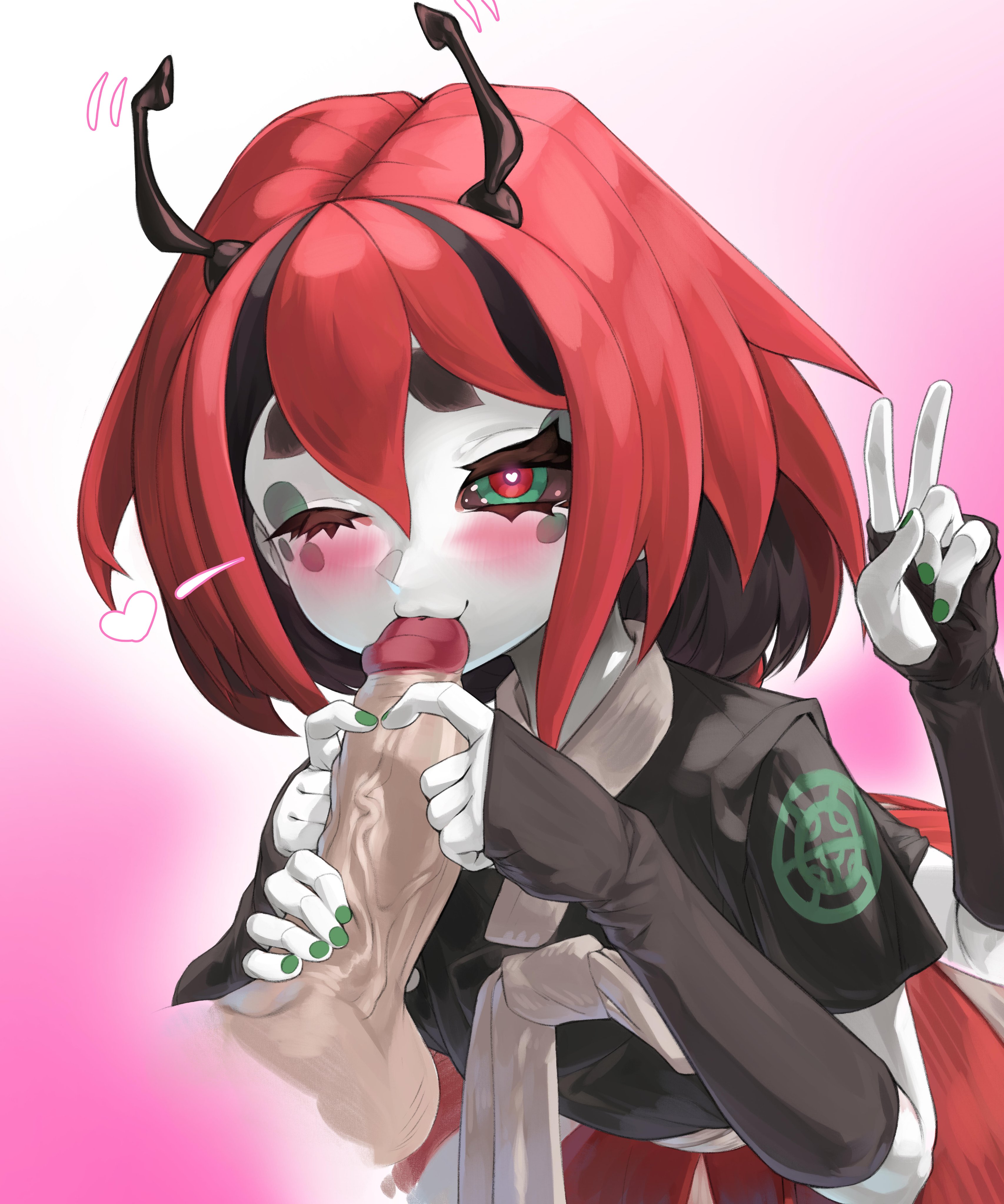 1boy, 1girls, antennae (anatomy), arthropod girl, arthropod humanoid, beastiez, beribug, big eyebrows, big penis, black sclera, blush, blushed face, blushing at partner, blushing at viewer, blushing female, breasts, clothed, clothed female, disembodied limb, disembodied penis, female, female focus, flat chest, floating penis, green nails, grey skin, grey-skinned female, handjob, heart, heart eyes, heart gesture, heart symbol, heart-shaped pupils, hearts around head, indie virtual youtuber, insect girl, kissing penis, kissing penis tip, light skin, light-skinned male, male, marking below eyes, monster girl, multi arm, multi limb, painted nails, peace sign, penis, red hair, sedua weynn, skirt, small breasts, virtual youtuber, vtuber, vtuberfanart, wink, winking, winking at partner, winking at viewer
