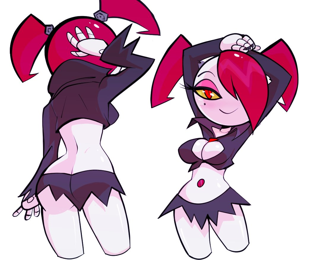 2018, arms above head, arms up, ass, beauty mark, beauty mark under eye, breasts, cleavage, cleavage cutout, female, female only, fluffy (artist), goth, goth girl, gothified, hair over one eye, jenny wakeman, mole, mole under eye, my life as a teenage robot, nickelodeon, pink eyeshadow, pink hair, red eyes, robot, robot girl, robot humanoid, short skirt, skirt, thighs, tied hair, twintails, white background, white body, white skin, xj-9, yellow sclera