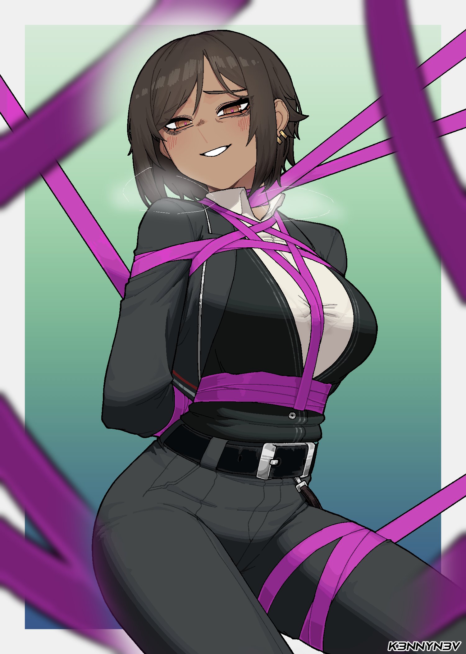 artist name, belt, black belt, black jacket, black pants, bondage, border, bound, breasts, brown eyes, brown hair, commentary, e.g.o (project moon), ear piercing, female, gradient background, green background, highres, jacket, k3nnyn3v, limbus company, mature eyes, mature female, outis (limbus company), outis (project moon), outside border, pants, piercing, pink shoes (limbus company), possessed, possession, project moon, purple ribbon, ribbon, short hair, smile, solo, squinting, symbol-only commentary, teeth, white border