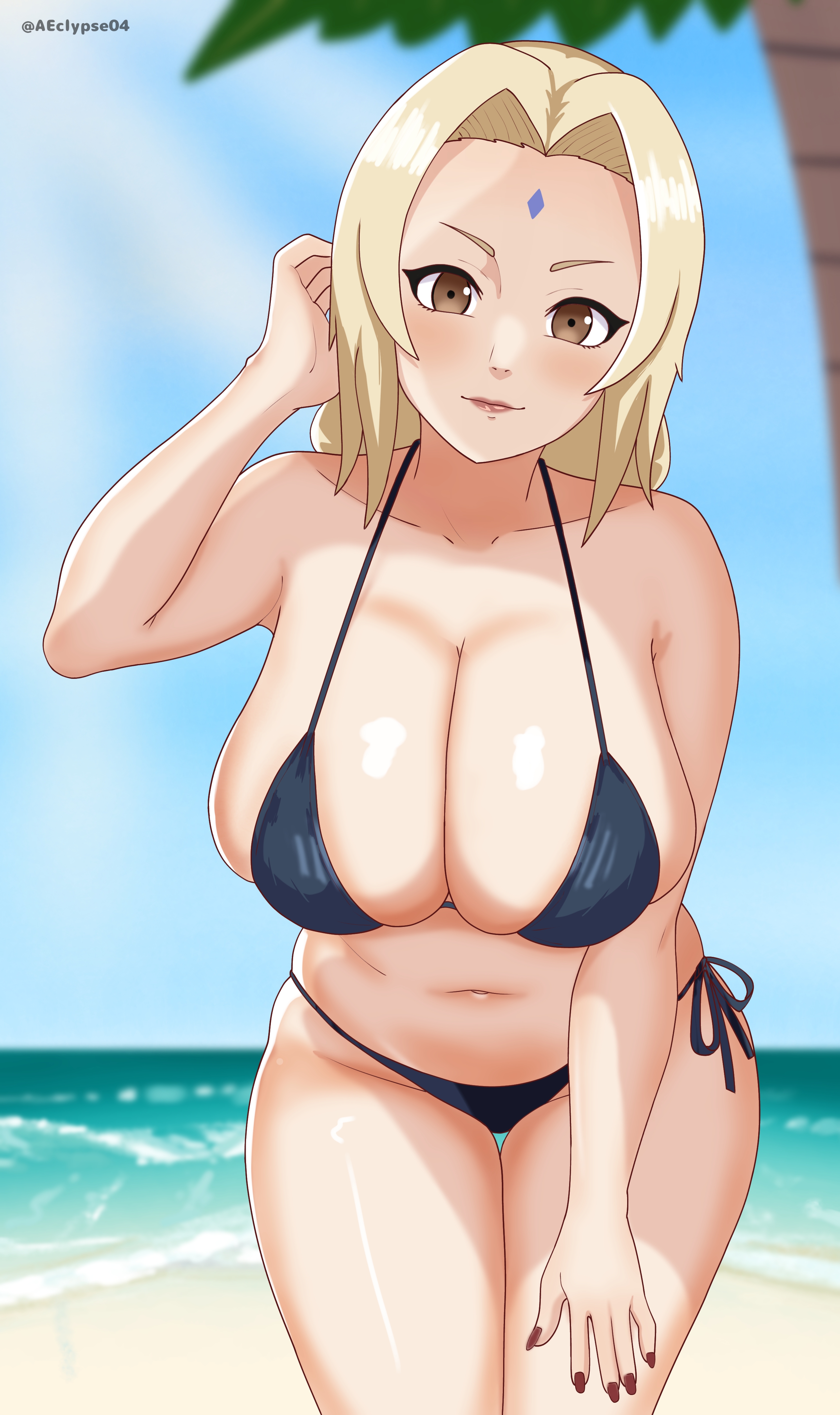 1girls, beach, big breasts, bikini, bikini bottom, bikini top, black bikini, blonde hair, bottomwear, breasts, brown eyes, cleavage, eclypse, female, female only, forehead jewel, hair, hips, huge breasts, mature, mature female, milf, nail polish, nails, naruto, naruto (series), red nail polish, red nails, solo, solo female, swimwear, thighs, topwear, tsunade