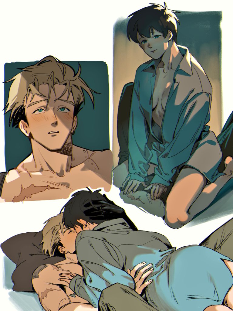 1boy, 1girls, ahoge, arm around partner, bed, bed sheet, black hair, blonde hair, blue eyes, blush, breasts, cleavage, closed eyes, color, female, female on top, green background, green eyes, hand on another's chest, hand on another's head, hand on another's hip, imminent sex, inner sideboob, kissing, kneeling, lighting, looking at partner, lying, lying on back, lying on bed, lying on stomach, male, meryl stryfe, omgktoeto, open clothes, open shirt, romantic, romantic couple, scar, scar on arm, scar on chest, scar on stomach, scars all over, shirtless, slight blush, smile, spiky hair, spread legs, straight, trigun, undressing, unseen female face, vash the stampede, very short hair, wholesome