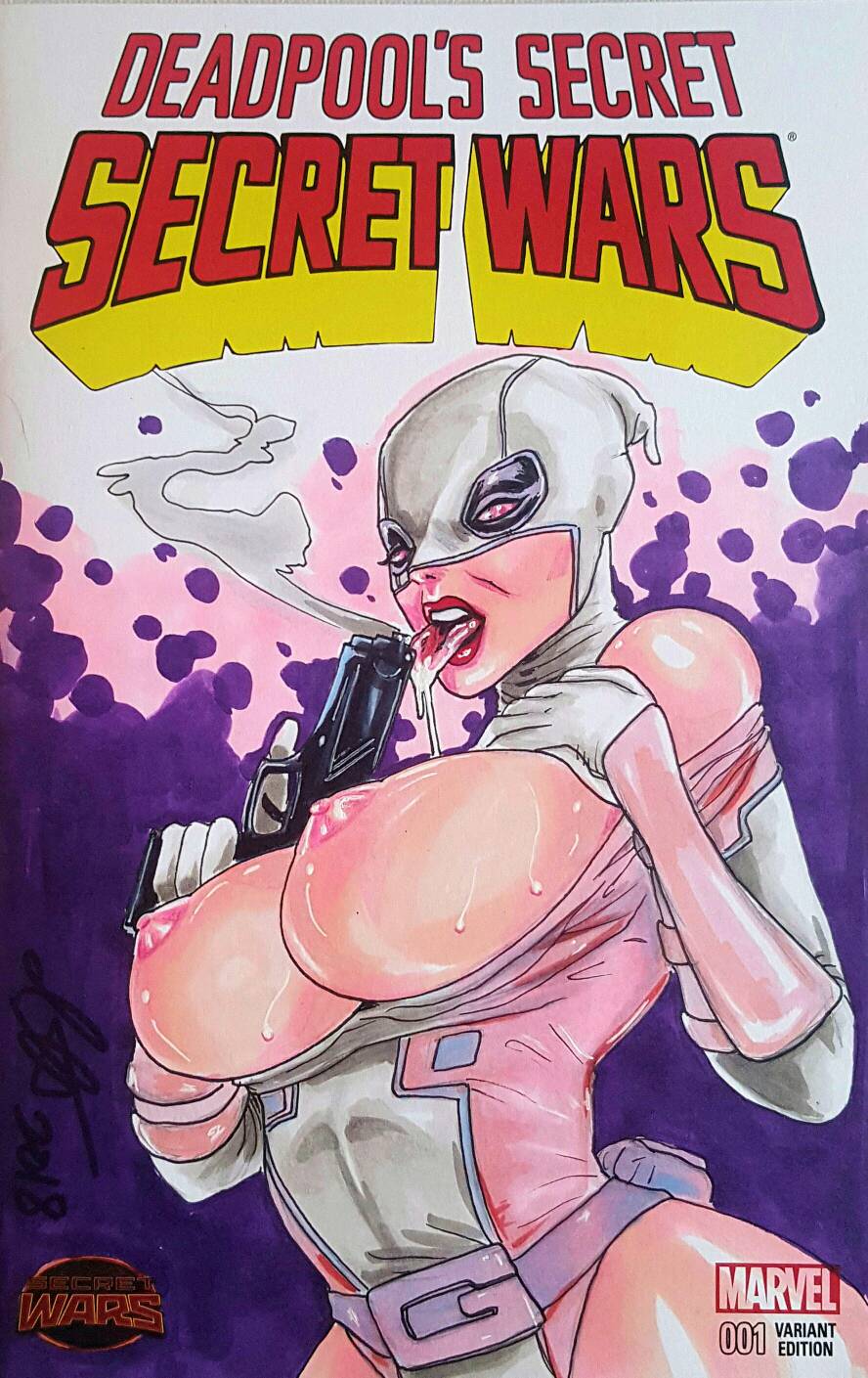 1girls 2018 almostheroesart big_breasts breasts female female_only gwen_poole gwenpool large_breasts marvel marvel_comics nipples open_mouth solo tongue tongue_out traditional_media_(artwork) uncensored