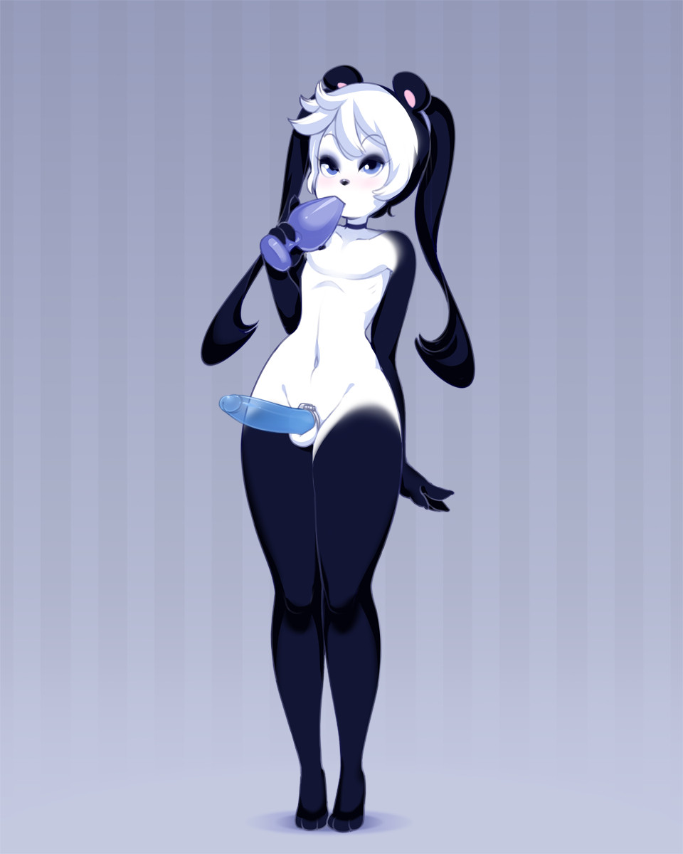 abstrack_background anthro balls bear black_body black_fur black_hair blue_eyes buttplug buttplug_in_mouth chastity_cage chastity_cage_only chastity_device chastity_device_only choker cute_femboy dildo femboy flat_chastity_cage fur genitals giant_panda gloves_(marking) hair hi_res humanoid_dildo jewelry leg_markings male mammal markings miu navel necklace nude oral oral_penetration penetration plug_(sex_toy) quinn_(miu) seductive sex_toy sex_toy_in_mouth sex_toy_insertion small_waist socks_(marking) solo standing strapon strapon_over_chastity transparent_dildo transparent_sex_toy twintails wearing_chastity_cage wearing_chastity_device white_body white_fur white_hair