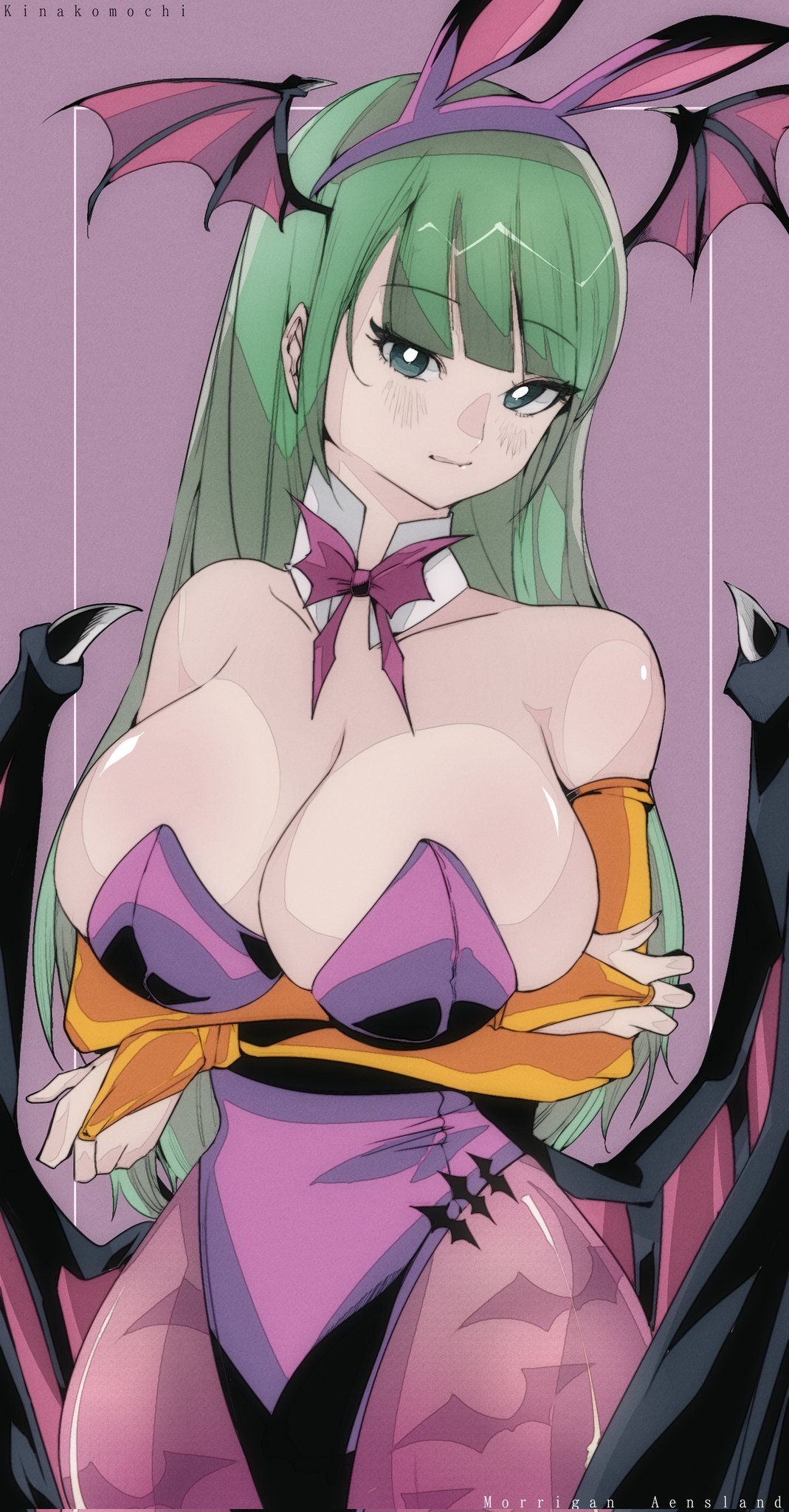 1girls big_breasts breasts bunny_ears bunny_girl bunnysuit darkstalkers fake_animal_ears female female_only green_eyes green_hair head_wings huge_breasts large_breasts morrigan_aensland omochi_db wings