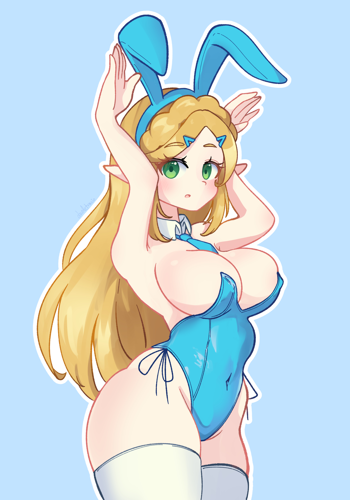 1girls, big breasts, big hips, blonde hair, blush, breasts, breath of the wild, bunny costume, bunnysuit, cleavage, ducktracio, female, female focus, female only, green eyes, long hair, pointy ears, princess zelda, revealing clothes, the legend of zelda, thighhighs, unsure, zelda (breath of the wild)