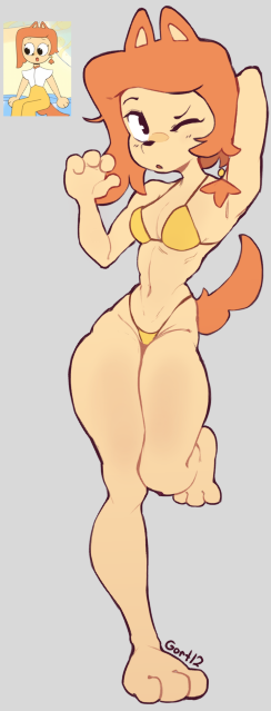 anthro bikini bra canine dynamic_pose ear earing female gort12 kunshikter mom_(kunshikter) orange_hair paws posing_for_the_viewer semi_clothed short_hair solo_female tail thigh_focus