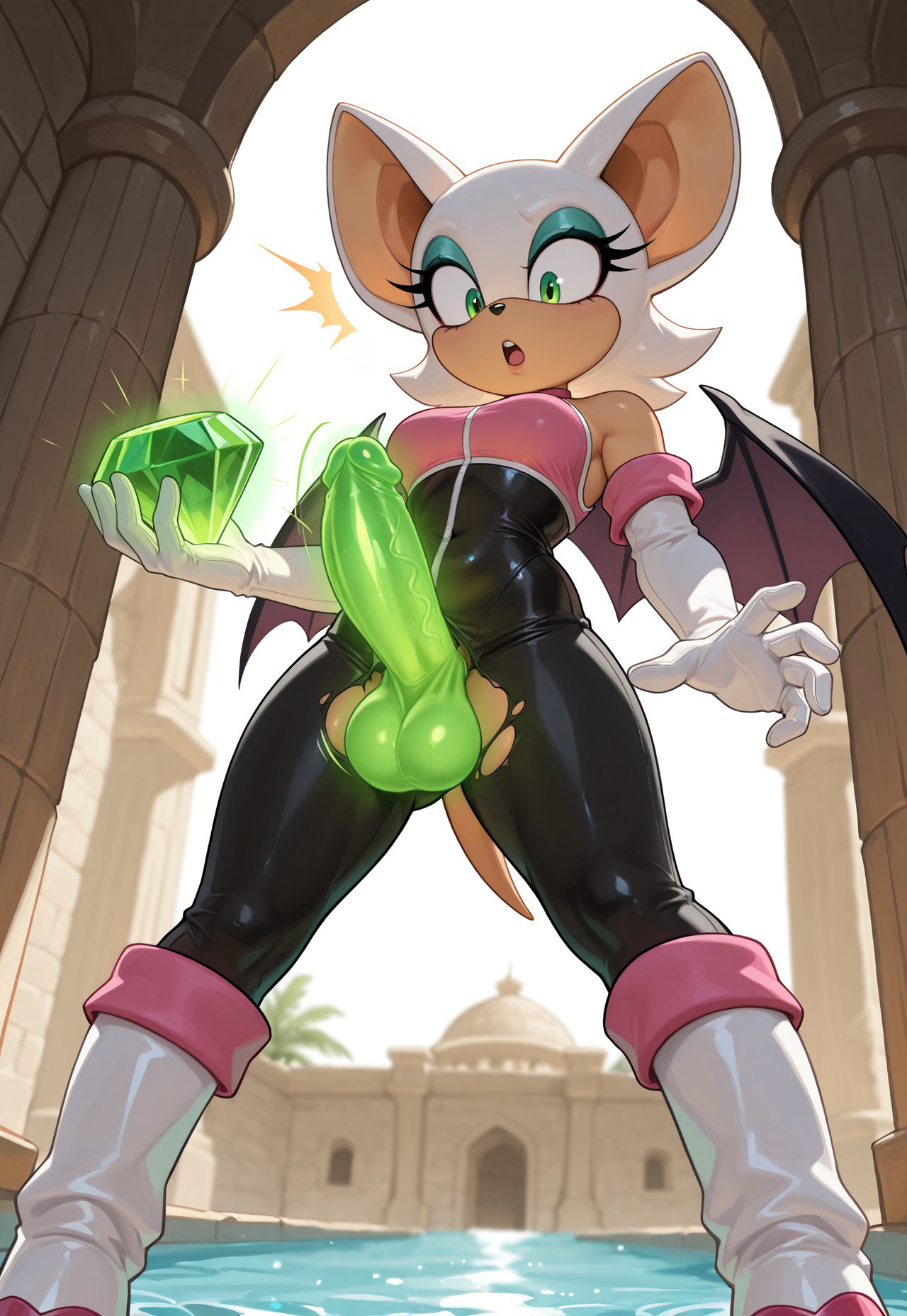 1futa, ai generated, balls, chaos emerald, erection, futa only, futa transformation, futanari, genital expansion, genital growth, genital growth (enlargement), glowing genitalia, intersex, penis, penis expansion, penis growth, penis growth (enlargement), penis ripping clothes, ripped clothing, rouge the bat, sonic (series), surprised, testicles, transformation