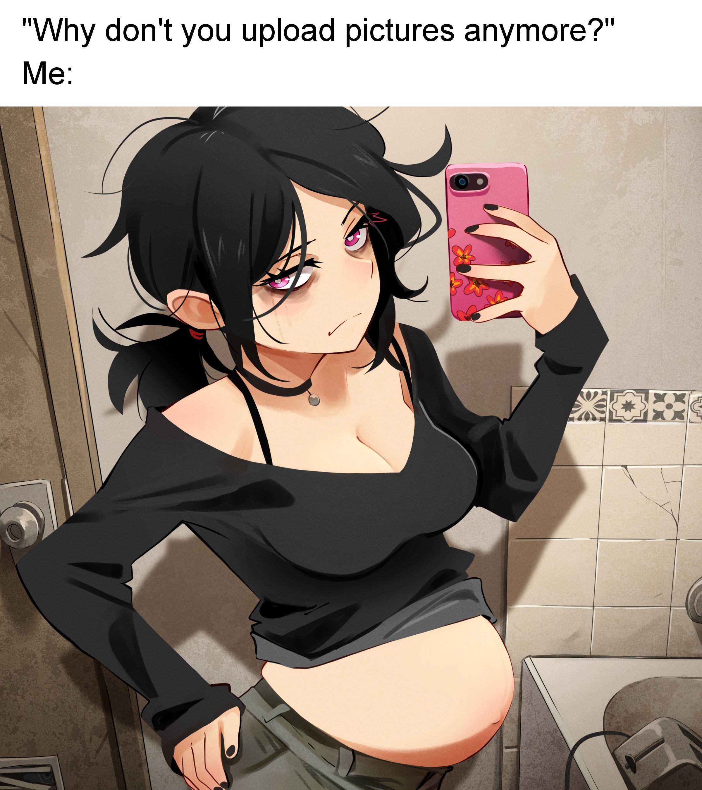 ashley graves, belly, black nails, breasts, choker, cleavage, dark hair, female, fully clothed, humanoid, khyleri, long sleeves, nails painted, painted nails, pregnant, red eyes, selfie, tagme, the coffin of andy and leyley