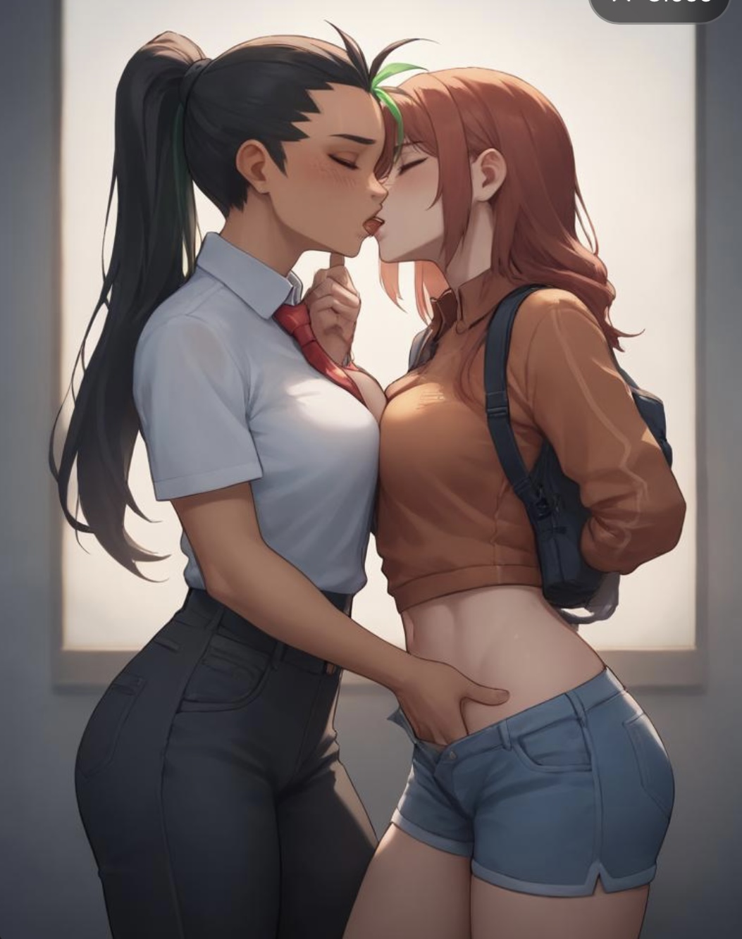 2girls, ai generated, backpack, black hair, black jeans, blue jean shorts, blush, boobs and butt pose, breasts, business suit, business woman, chainsaw man, chest, closed eyes, female, female only, finger fuck, fingering, fingering partner, fingering through panties, fingering under clothes, fingering vagina, girly, green hair, hand in panties, hand in pants, hand on face, hands behind head, jean shorts, jeans, kissing, lesbian couple, lesbian focus, lesbian kiss, lesbian sex, long hair, love train, makima (chainsaw man), making a porno, morning sex, multiple females, multiple girls, navel, nemona (pokemon), pink hair, pokemon, pokemon sv, pussy, red tie, standing, standing position, standing sex, sweatshirt, tie, tongue, tongue out, vagina, vaginal sex, white background, white room, white shirt, yuri