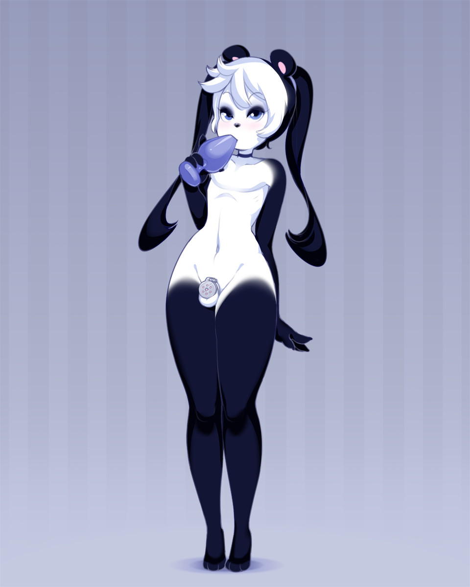 abstrack_background anthro balls bear black_body black_fur black_hair blue_eyes buttplug buttplug_in_mouth chastity_cage chastity_cage_only chastity_device chastity_device_only choker cute_femboy femboy flat_chastity_cage fur genitals giant_panda gloves_(marking) hair hi_res jewelry leg_markings male mammal markings miu navel necklace nude oral oral_penetration penetration plug_(sex_toy) quinn_(miu) seductive sex_toy sex_toy_in_mouth sex_toy_insertion small_waist socks_(marking) solo standing twintails wearing_chastity_cage wearing_chastity_device white_body white_fur white_hair