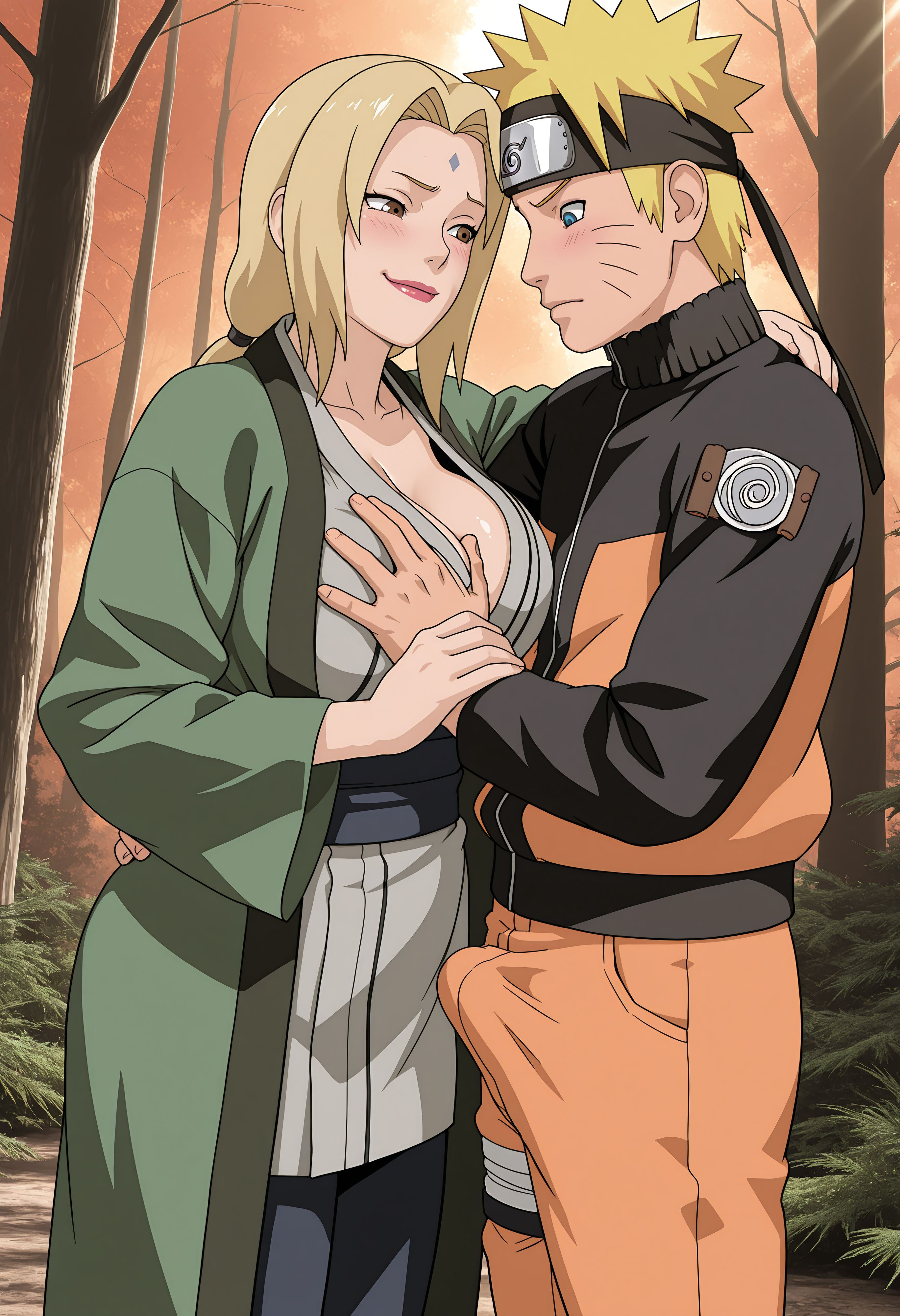 2025, age difference, ai generated, bindi, blonde hair, breasts, cleavage, clothed, erection, erection under clothes, facial markings, female, fully clothed, huge breasts, light skin, light-skinned female, light-skinned male, looking at breasts, male, male/female, mature, mature female, milf, naruto, naruto (series), naruto shippuden, non-nude, older female, older female and younger male, seductive, seductive look, sexually suggestive, sfw, spiked hair, swsakura69, teasing, touching breast, tsunade, uzumaki naruto