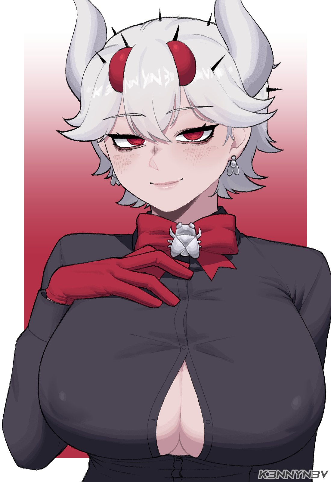beelzebub_(helltaker) black_shirt bow bowtie breasts cleavage demon demon_girl demon_horns earrings female freckles gloves hand_on_own_chest helltaker highres horns jewelry k3nnyn3v light_smile looking_at_viewer red_bow red_bowtie red_eyes red_gloves shirt short_hair smug white_hair white_horns