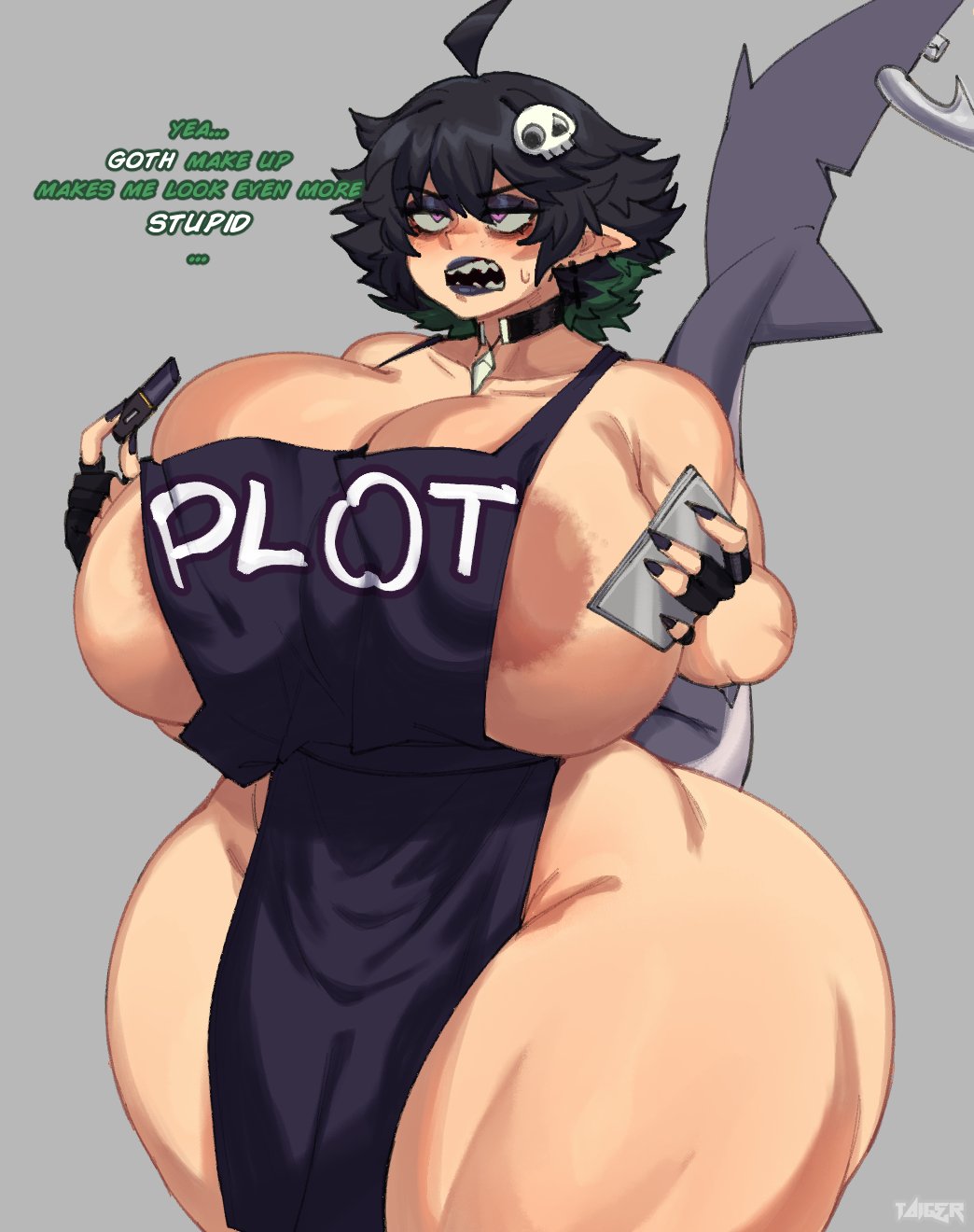 1girls 5_fingers ass ass_focus big_ass big_breasts big_thighs black_gloves black_hair black_lipstick black_nails breasts breasts_out breasts_out_of_clothes clothed clothed_female curvaceous curvy curvy_body curvy_female curvy_figure english english_dialogue english_text enormous_ass enormous_breasts enormous_butt enormous_thighs fat_ass female female_human female_only female_pubic_hair giant_ass giant_breasts giant_thighs gigantic_ass gigantic_breasts gigantic_thighs gloves goth goth_girl goth_makeup gothic gothic_girl gothic_makeup high_resolution highres huge_ass huge_breasts huge_thighs ketsu_(taigerarts) large_ass large_breasts large_thighs lipstick looking_away looking_up massive_ass massive_breasts massive_butt massive_thighs nails nails_painted nude nude_female nudity open_mouth original original_character partially_clothed pierced_ears piercing piercings pointed_ears pointed_teeth pointy_ears pointy_teeth practically_nude red_cheeks sexually_suggestive shark shark_girl shark_tail shark_teeth sharp_teeth short_hair simple_background solo standing taigerarts talking talking_to_another text thick_ass thick_female thick_thighs thighs thunder_thighs thunderthighs voluptuous voluptuous_female white_body white_skin white_skinned_female