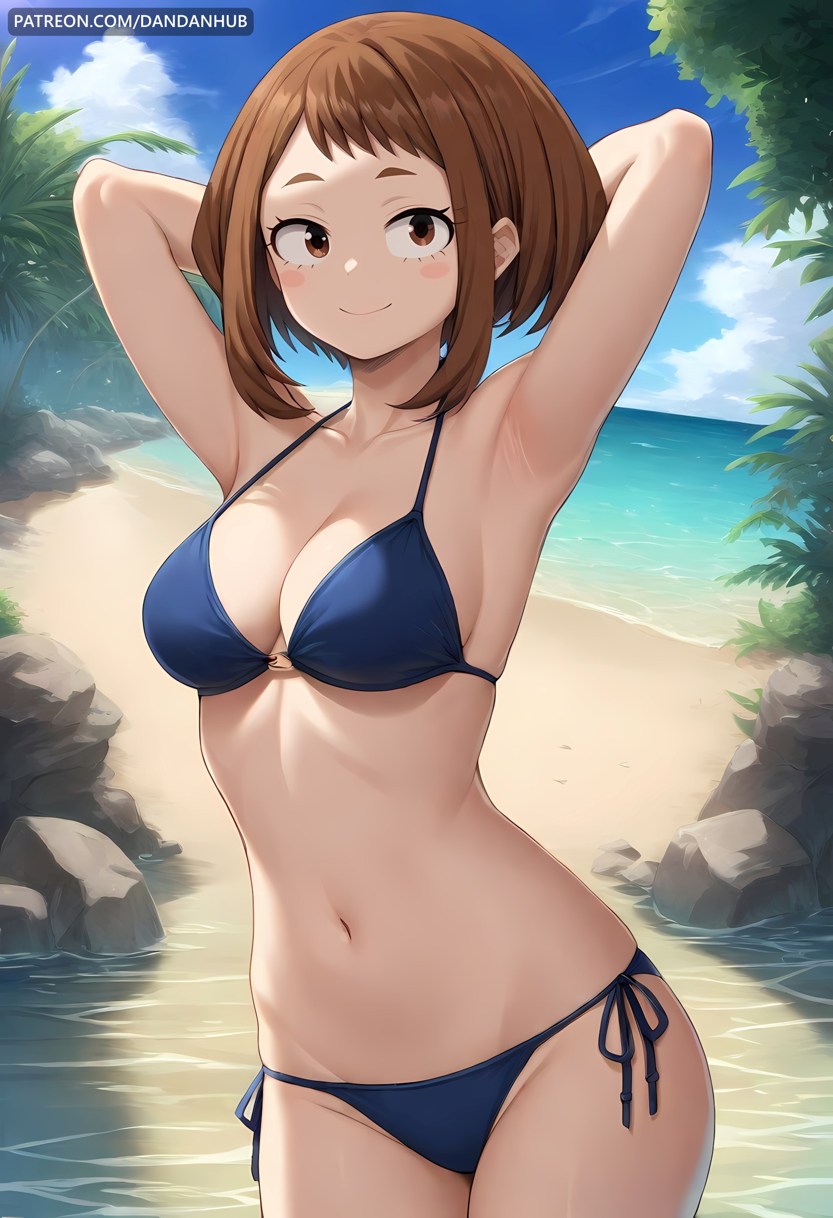 1girls, ai generated, armpits, arms behind head, arms up, bangs, beach, bikini, blue bikini, blue sky, blush, blush stickers, boku no hero academia, breasts, brown eyes, brown hair, brown-haired female, cleavage, closed mouth, cloud, collarbone, dandanhub, day, female, female only, groin, halterneck, looking at viewer, medium breasts, my hero academia, navel, ocean, ochako uraraka, outdoors, rock, short hair, side-tie bikini bottom, sidelocks, sky, smile, solo, standing, stomach, string bikini, swimsuit, tree, twitter username, uraraka ochako, water