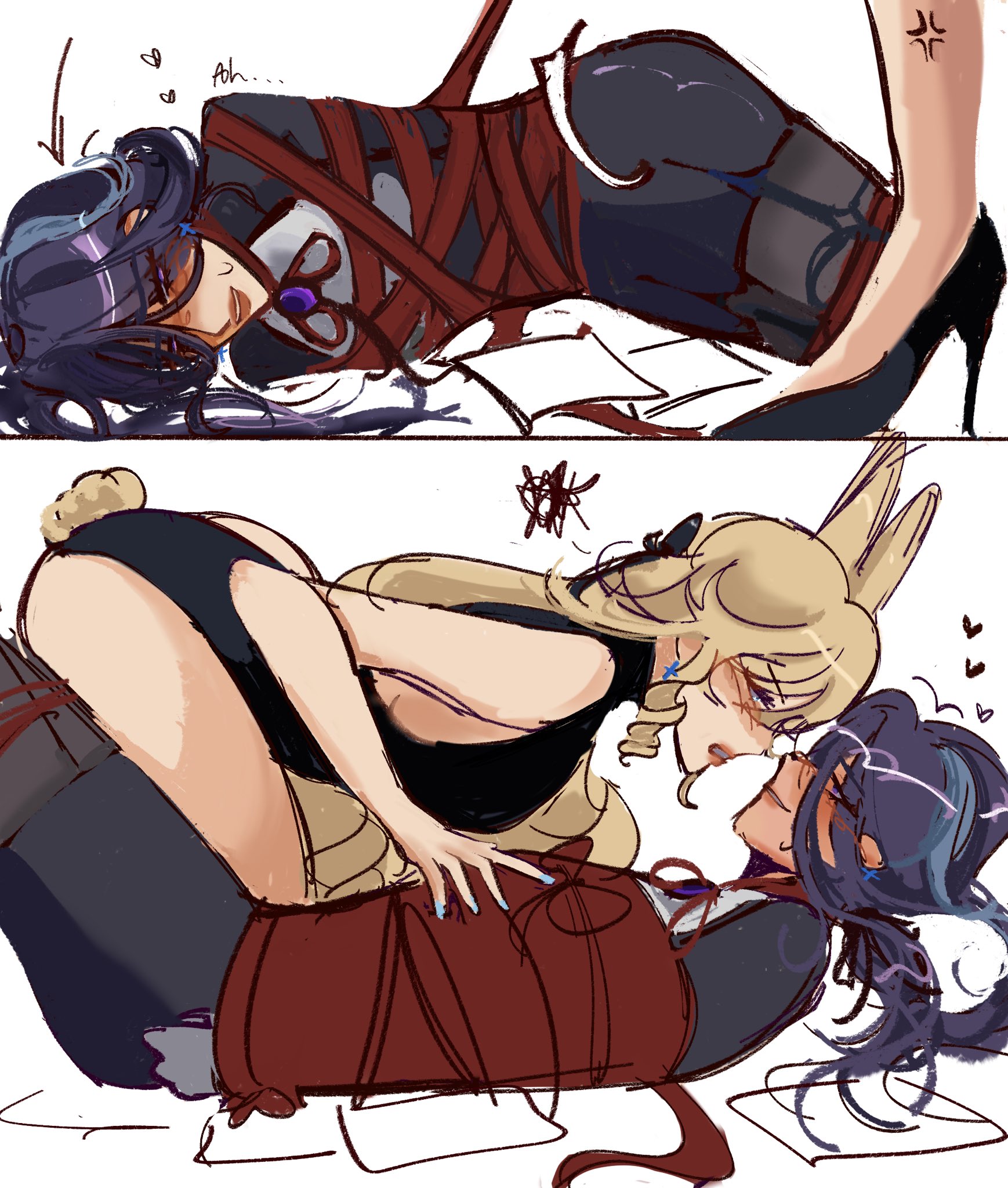 bisexual, blonde hair, blue eyes, bondage, bunnysuit, clorinde (genshin impact), couple, female, female only, femdom, genshin impact, lovers, navia (genshin impact), purple eyes, purple hair, tayuriswift, tied up, yuri
