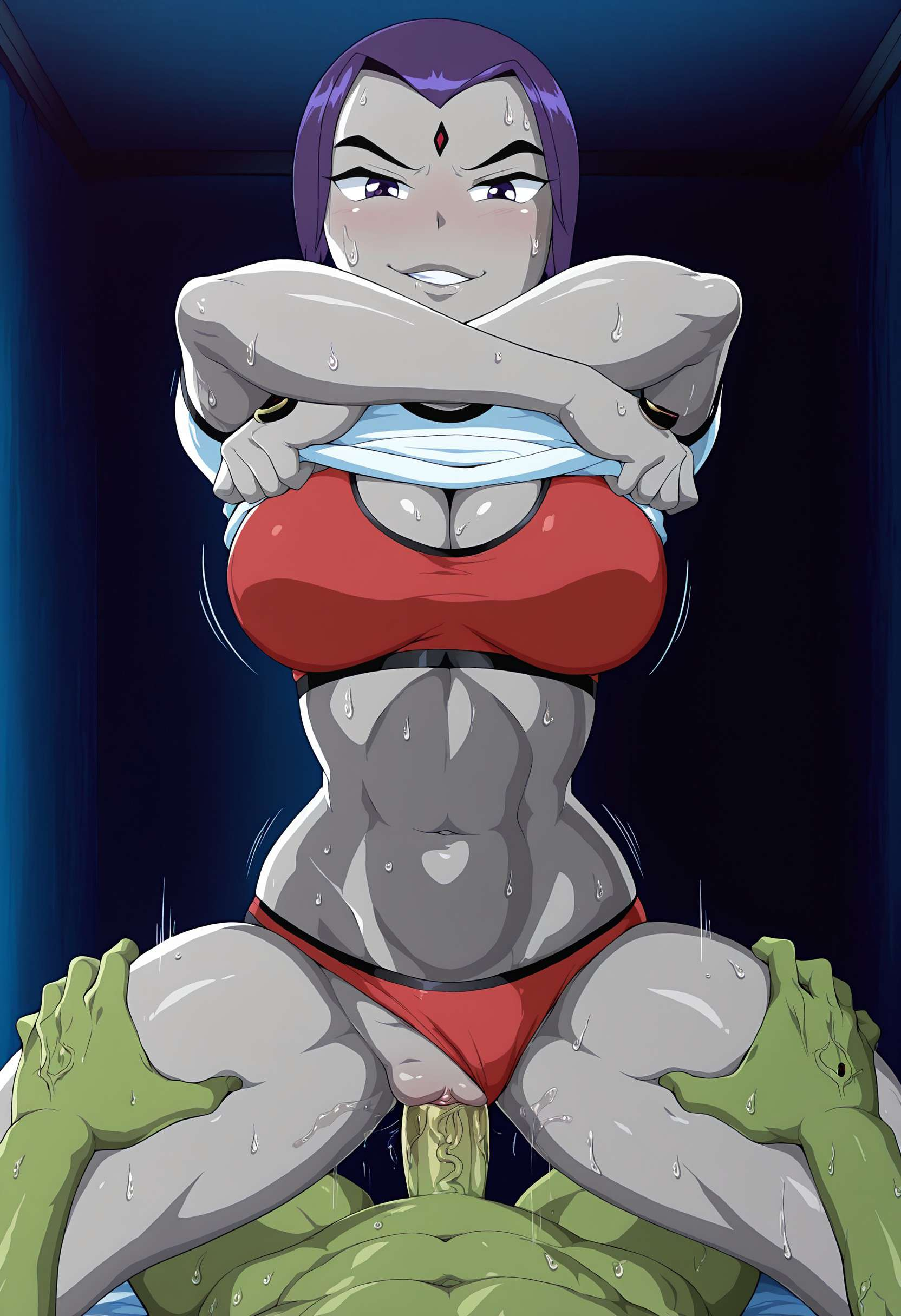 1boy, 1girls, absurd res, absurdres, ai generated, beast boy, beast boy (teen titans), blush, bra, breasts, cartoon network, cleavage, clothed sex, cowgirl position, dc, dc comics, female, green skin, grey body, high resolution, highres, male, medium breasts, on top, panties, pov, purple eyes, purple hair, pussy, raleu10, raven (dc), raven (teen titans), short hair, smug, stripping, sweat, teen titans, thong, undressing, vaginal penetration, vaginal sex