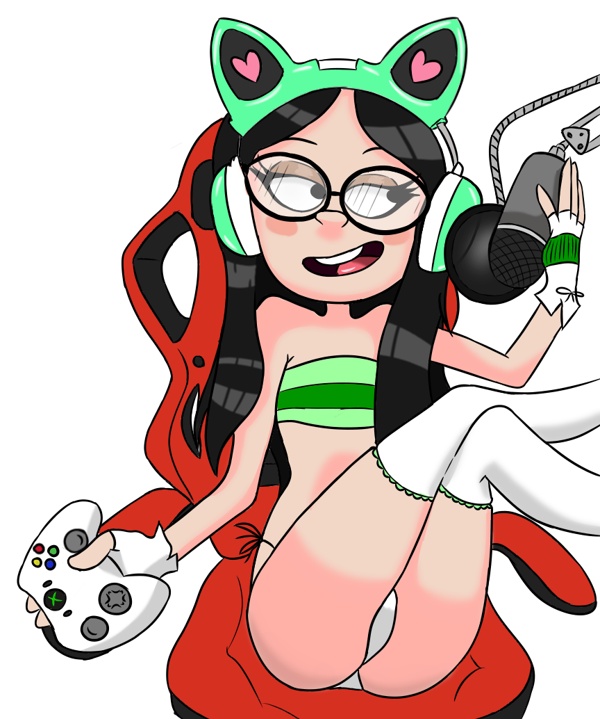 2020 asian asian_female ass bikini_bottom black_eyes black_hair blush candy_chiu cat_ear_headphones controller disney disney_channel disney_xd egirl fingerless_gloves fluffy_(artist) game_controller gaming_chair glasses gravity_falls green_topwear headphones legs_up long_hair microphone microsoft sitting_down sitting_in_chair small_breasts streamer thighs transparent_background twitch_thot white_bikini_top xbox xbox_controller