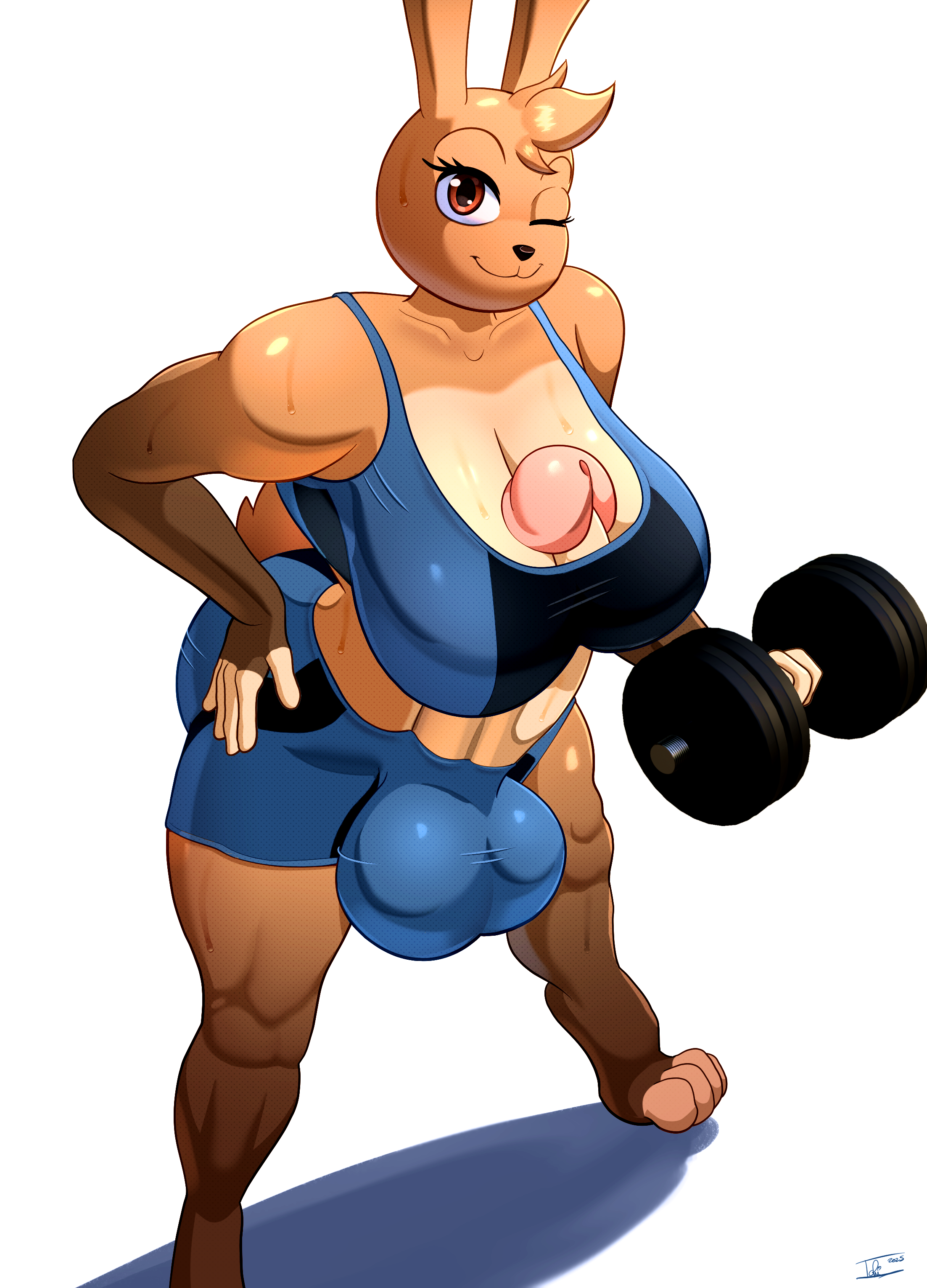 absurd res, anthro, balls, big balls, big breasts, big penis, bodily fluids, bra, breasts, bulge, cherry popper, clothing, erection, erection under clothing, exercise, furry, futanari, genitals, hi res, huge balls, huge breasts, huge cock, huge thighs, humanoid, intersex, looking at viewer, one eye closed, original, penis, solo, sports bra, sportswear, sweat, sweatdrop, thick thighs, tohilewd, underwear, weightlifting, weights, wink, winking at viewer, workout