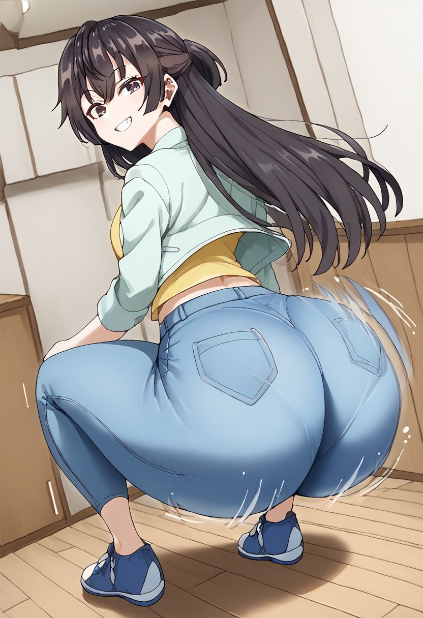1girls ai_generated ass ass_focus ass_shake big_ass black_shoes blue_pants casual coat dat_ass female jeans long_hair long_sleeves looking_at_viewer looking_back pants purple_eyes shaking_ass shirt shoes smile squatting suou_yuki thick_ass thick_thighs throwing_it_back tokidoki_bosotto_russian_de_dereru_tonari_no_alya-san twerk twerking wide_hips yellow_shirt