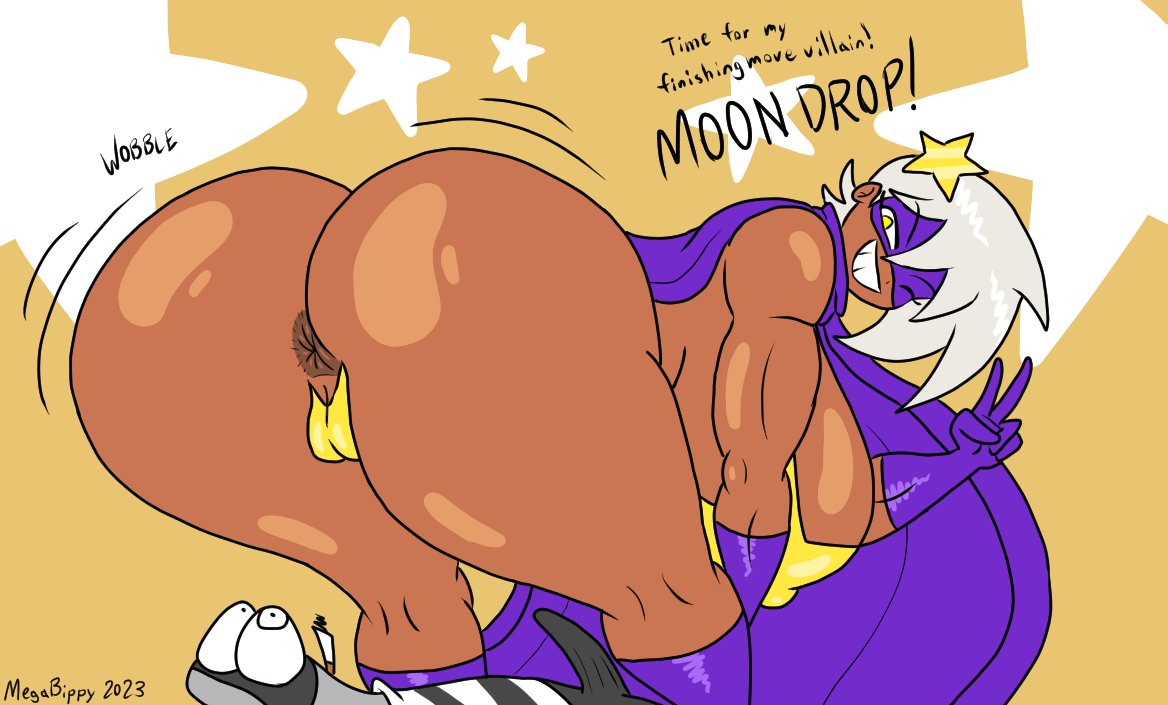 1girls, 2023, anus, artist name, ass, bent over, breasts, dark skin, dark-skinned female, dated, female, female only, grey hair, huge ass, huge breasts, legwear, looking back, madk, masked, masked female, megabippy, original character, peace sign, presenting ass, rachel juggs, silver hair, starbust (megabippy), tagme
