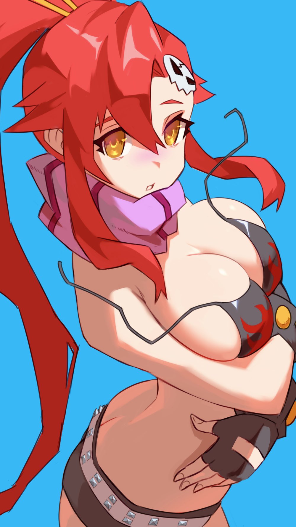aqua background, belt, bikini, bikini top only, bracelet, breasts, cleavage, female, fingerless gloves, flame print, gloves, hair ornament, hair stick, highres, jewelry, large breasts, long hair, looking at viewer, no shirt, ponytail, red hair, scarf, short shorts, shorts, skull hair ornament, solo, striped clothes, striped scarf, studded belt, studded bracelet, swimsuit, tengen toppa gurren lagann, untied bikini, untied bikini top, ura dora, wardrobe malfunction, yellow eyes, yoko littner