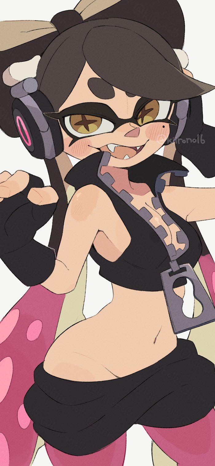 1girls, blush, breasts, callie (splatoon), cleavage, cosplay, digital drawing (artwork), digital media (artwork), female, inkling, kiirono, long hair, looking at viewer, marina (splatoon) (cosplay), mole, mole under eye, navel, nintendo, open mouth, simple background, solo, splatoon, splatoon (series), splatoon 2, tentacle hair, tongue, twitter link, twitter username, two-tone hair, white background