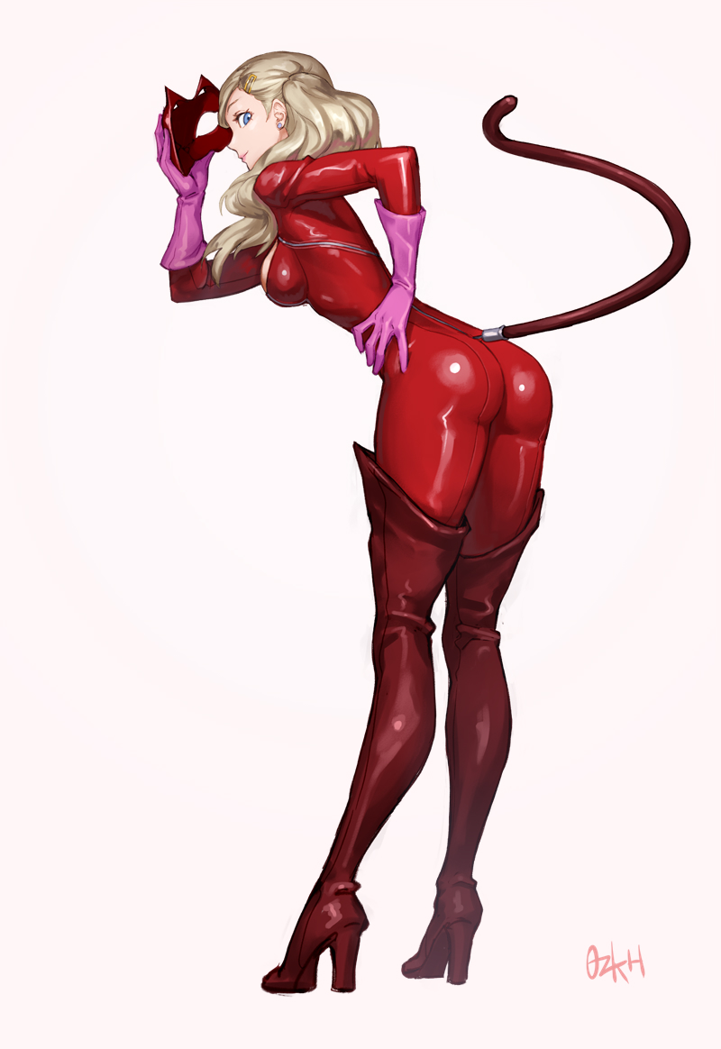 1girls, 2d, ann takamaki, artist name, artist signature, ass, blonde hair, boots, clothing, female, gloves, human, light skin, looking at viewer, ozkh, pale skin, persona, persona 5, phantom thief suit, solo, solo female, tail, white background