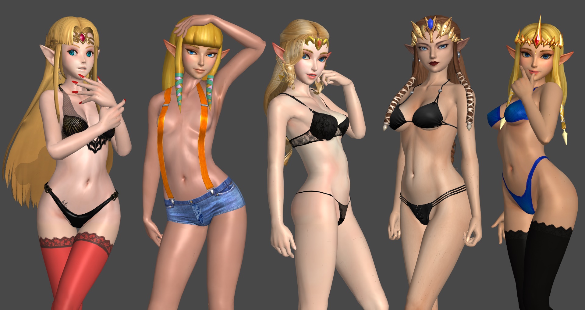 3d, 3d (artwork), 5girls, a link between worlds, black bra, black panties, black thighhighs, blonde hair, blue bra, blue panties, bra, brown hair, dabnis-sinbad, denim shorts, female, female only, hyrule warriors, in-franchise crossover, light, light skin, light-skinned female, multiple females, multiple girls, nintendo, ocarina of time, panties, princess zelda, red thighhighs, short shorts, skyward sword, square crossover, suspenders, the legend of zelda, thighhighs, twilight princess, underwear, xnalara, zelda (a link between worlds), zelda (hyrule warriors), zelda (ocarina of time), zelda (skyward sword), zelda (twilight princess)