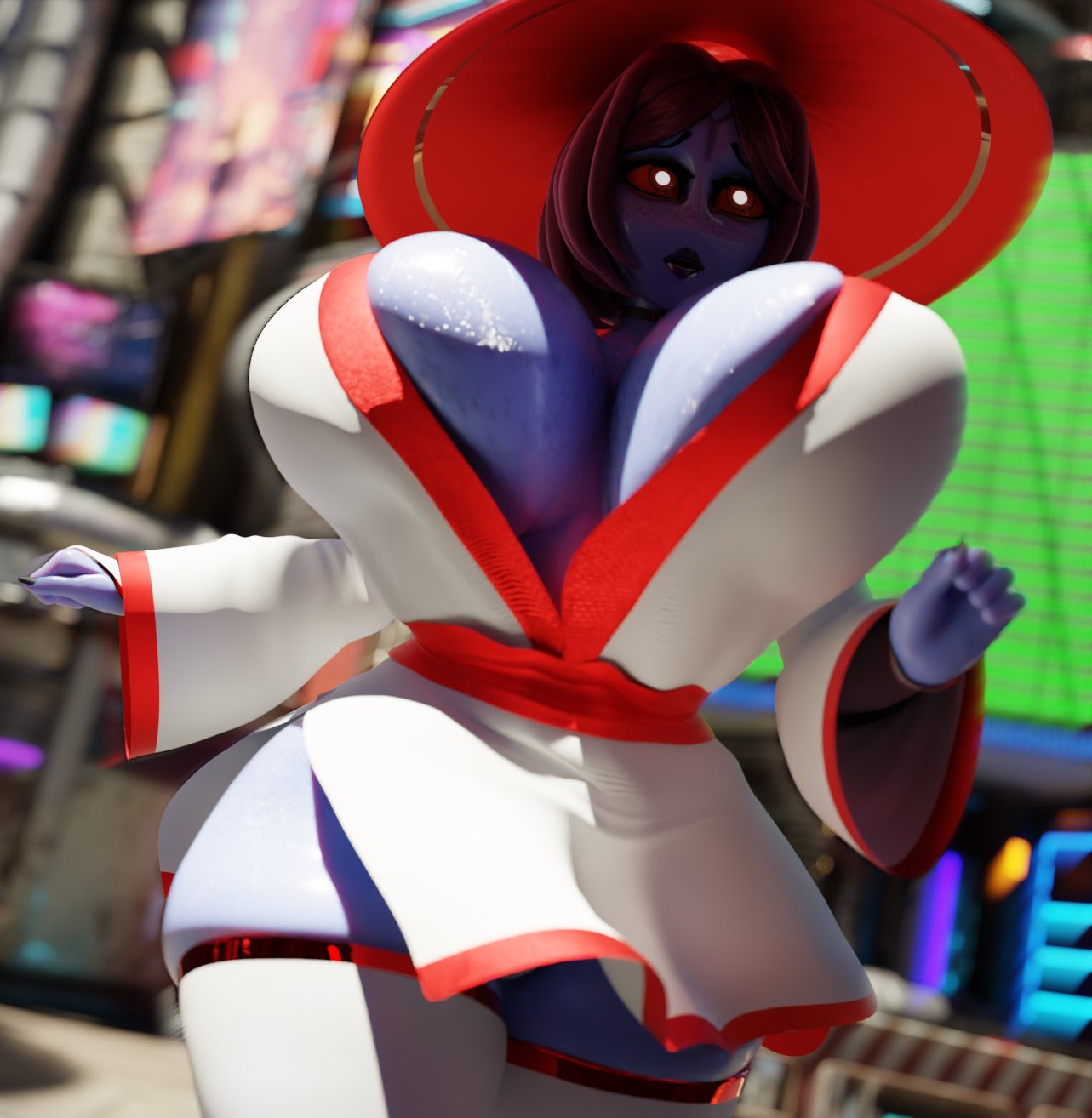 3d 3d_model alien alien_girl alien_humanoid big_ass big_breasts blue_body blue_skin blush blush boob_window bouncing_breasts breasts_bigger_than_head bysamzan choker city cleavage cleavage_window collar dress eyeshadow fingerless_gloves freckles gloves japanese_clothes japanese_clothing kimono lipstick nail_polish orange_eyes panic panicking purple_hair purple_lipstick running short_hair skirt solo solo_female solo_focus tau tau_(bysamzan) thick_thighs thighhighs warhammer_(franchise) warhammer_40k white_eyes white_pupils wide_hips