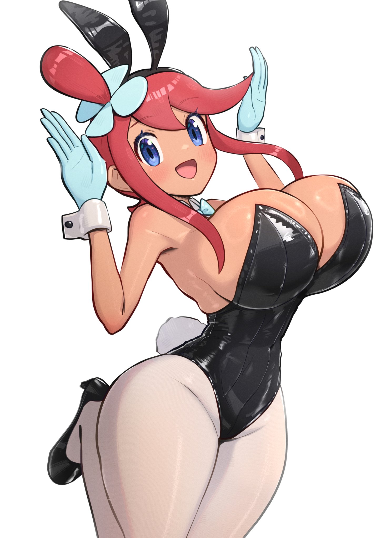1girls, ass, black leotard, blue eyes, breast fondling, breasts, bunny ears, bunny girl, bunnysuit, busty, female, female only, gonzarez, huge ass, huge breasts, human, large breasts, leotard, looking at viewer, pokemon, skyla (pokemon), slim waist, smile, smiling at viewer, solo, solo female, strapless, strapless leotard, wide hips
