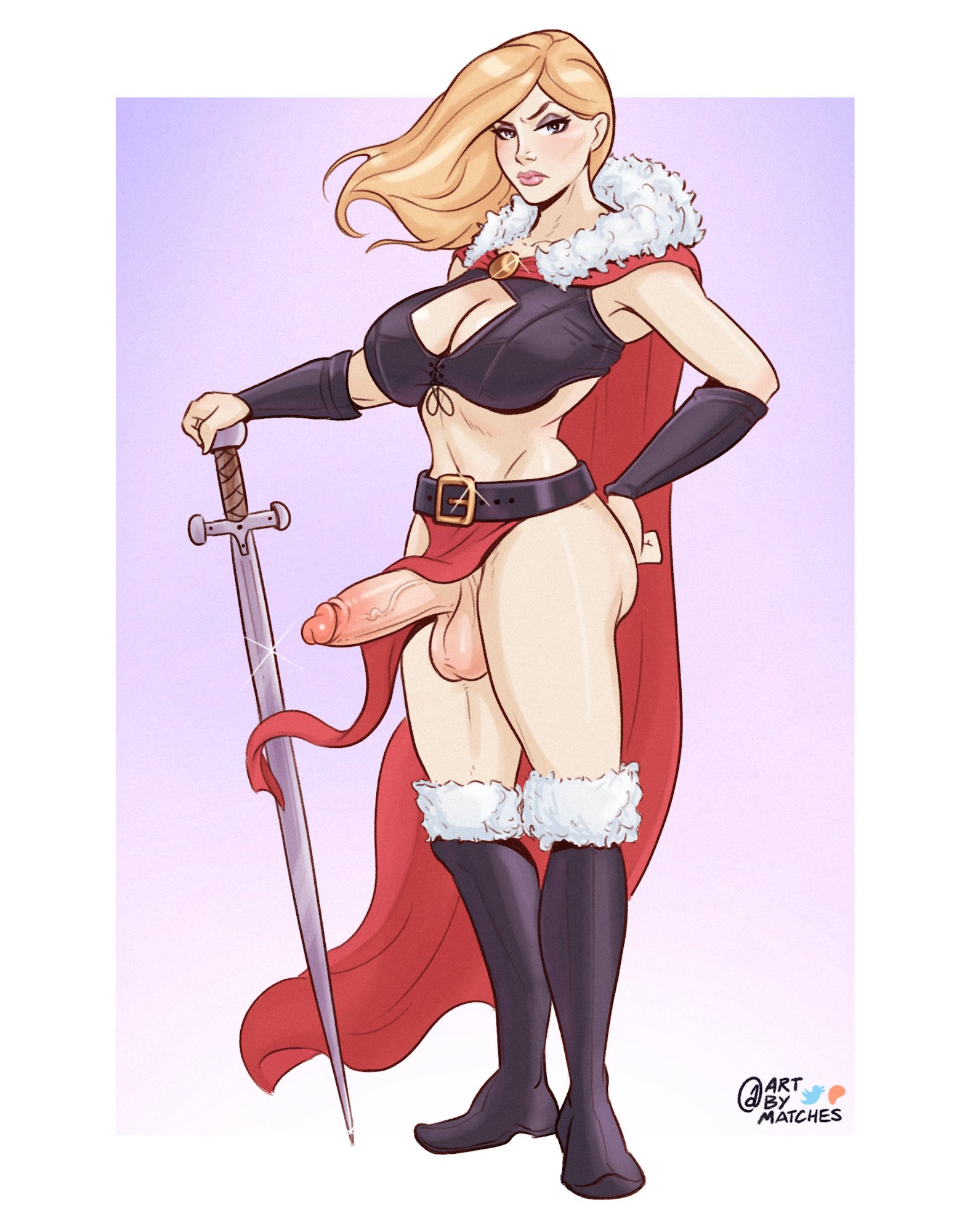 1futa, 2d, artbymatches, balls, big balls, big penis, blonde futa, blonde hair, breasts, cleavage, futanari, holding sword, human, human only, intersex, large breasts, light skin, light-skinned futa, long hair, looking at viewer, penis, sword, testicles