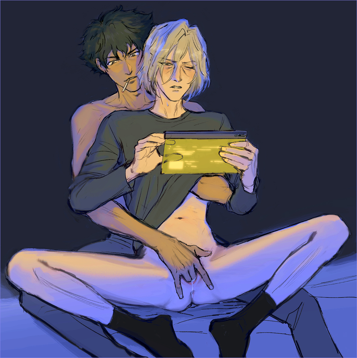 blush, cigarette, cowboy bebop, cuntboy, cuntboy/male, distracted, eye bags, finger fuck, fingering, gay, gay sex, green hair, hand under clothes, intersex, intimate, male, pale skin, partially clothed, pervert, pussy, pussy juice, shirtless male, socks, spike spiegel, tan skin, vicious (cowboy bebop), white hair