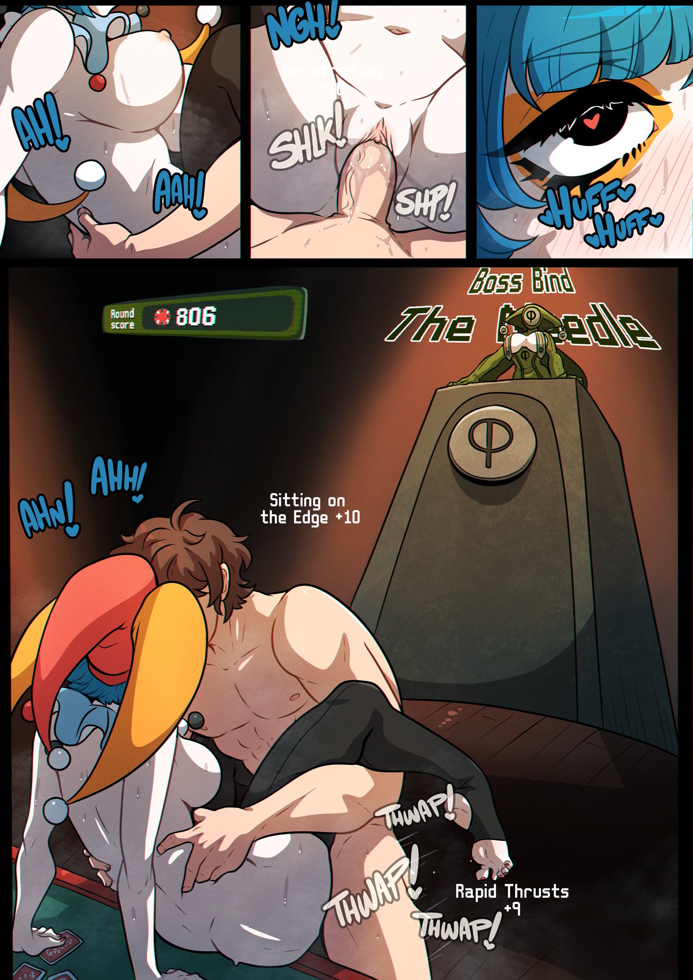 1boy, 2girls, areolae, arm support, ass, back, balatro, bare arms, bare back, being watched, big ass, blue hair, breasts, brown hair, cleavage, comic, english text, female, heart-shaped pupils, jester, jester cap, jester girl, kinkymation, large breasts, light skin, light-skinned female, light-skinned male, makeup, male, medium breasts, multiple females, multiple girls, nipples, nude, on table, pale skin, pale-skinned female, pussy, score, sex, short hair, sound effects, stats, straight, sweat, table, text, vaginal penetration, watching