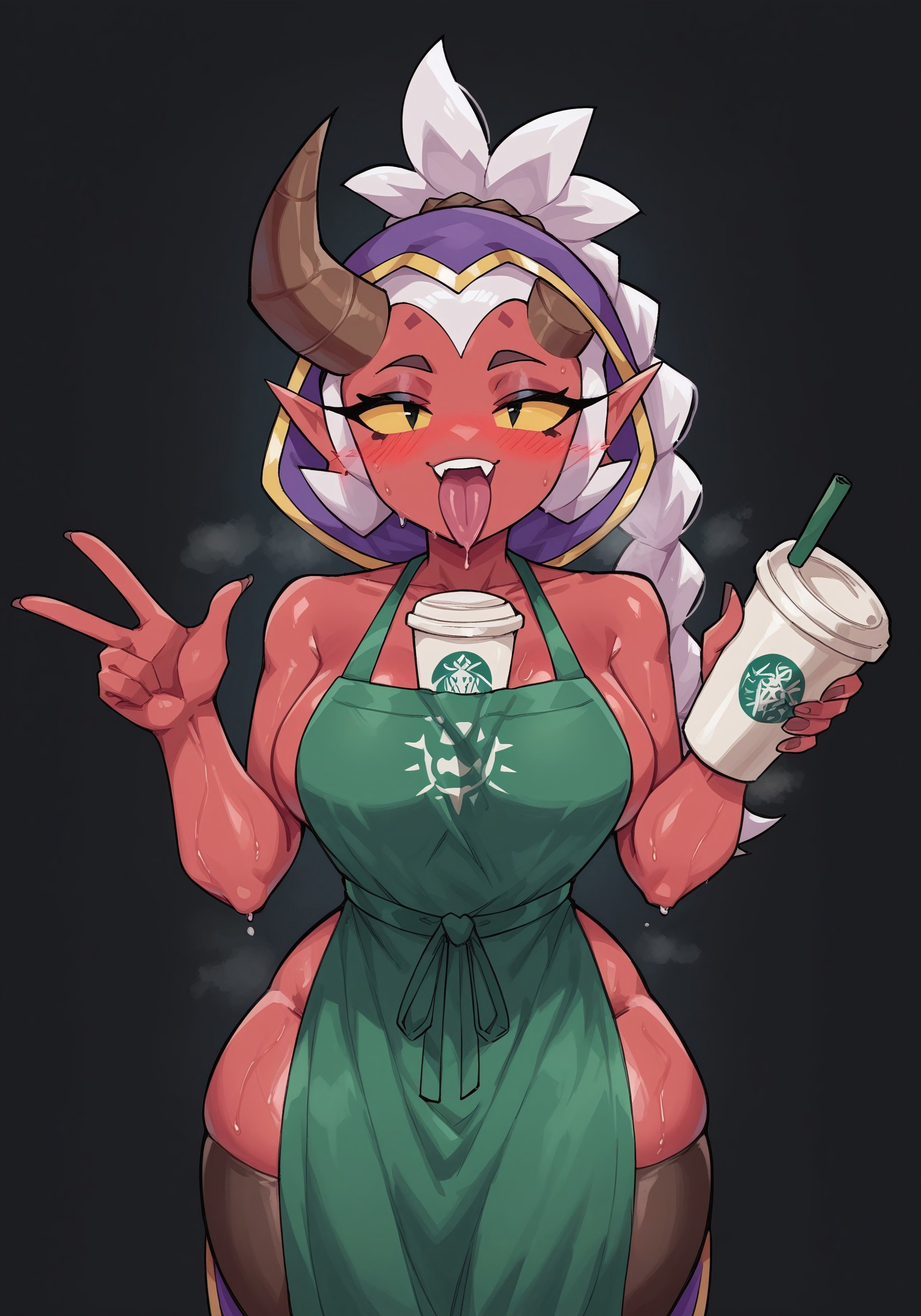 ai generated, ass, blush, brawl stars, breasts, coffee cup, cup, demon, demon girl, demon willow (brawl stars), female, huge ass, huge breasts, meme, naked female, provocative, seductive, standing, starbucks, supercell, tongue, tongue out, willow (brawl stars), willowlover071