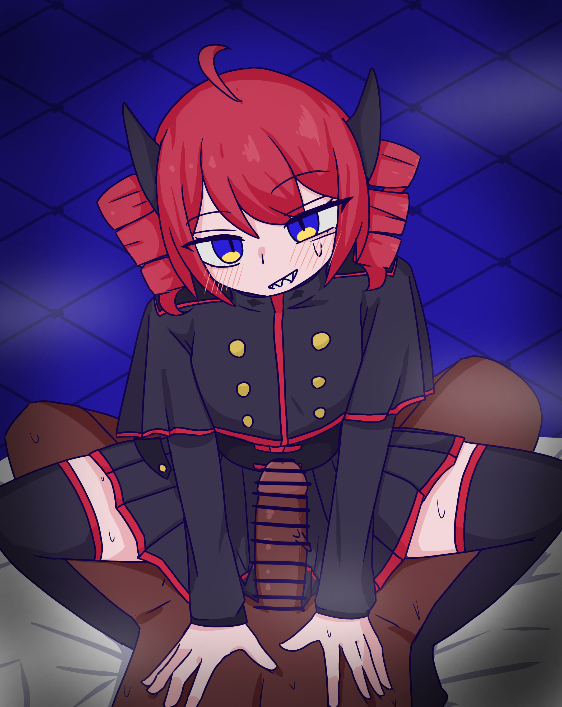 1boy, 1girls, 2d, 2d (artwork), absolute territory, ahoge, alternate eye color, blue background, blue eyes, blush, censored, censored penis, clothed female, clothed female nude male, cowgirl position, daidaidaidaidaikirai, dark skin, dark-skinned male, demon, demon girl, demon horns, female, fully clothed, horns, imminent penetration, imminent sex, imminent vaginal, kasane teto, male, mv character, nude, nude male, penis, pussy, red hair, sharp teeth, sitting on person, skirt, smile, smiling, steam, steamy breath, straight, succubus, sweat, sweatdrop, sweating, synthesizer v, thighhighs, thighs, twin drills, utau, voifoooork