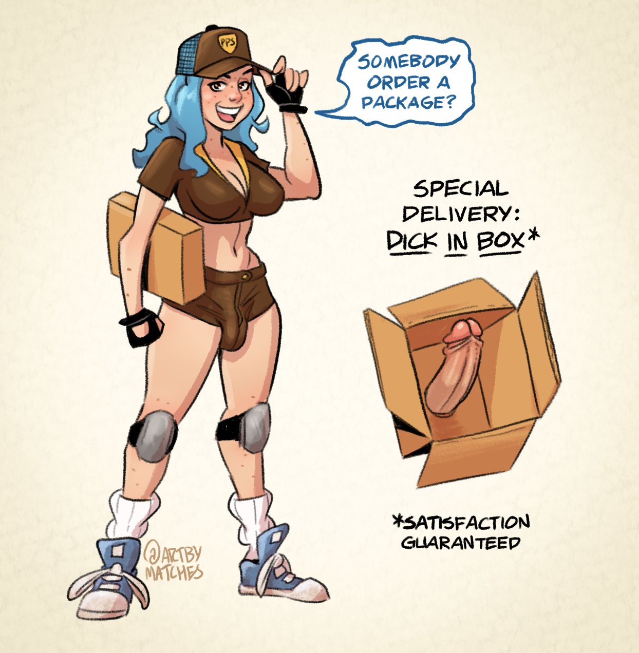 1futa, 2d, artbymatches, blue hair, brown baseball cap, brown hat, brown shirt, brown shorts, brown topwear, cleavage, cropped shirt, delivery employee, delivery futa, delivery uniform, english text, futa only, futanari, hat, intersex, kneepads, light skin, light-skinned futa, original character, shorts, solo, text