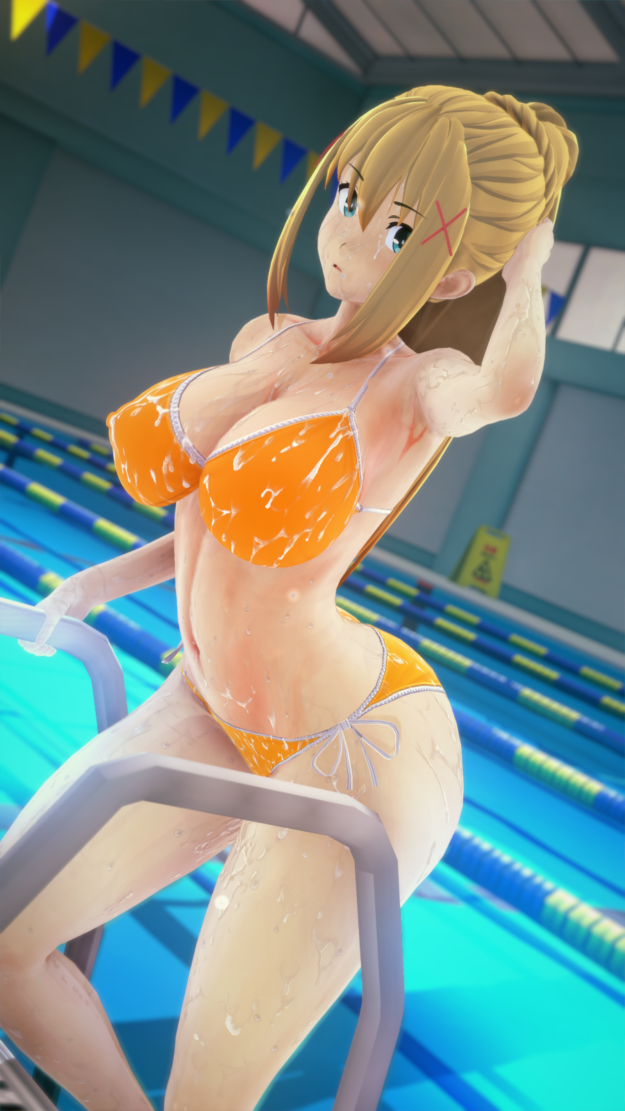1girls 3d arm_behind_head armpits big_breasts bikini blonde_hair blue_eyes breasts busty child_bearing_hips cleavage covered_nipples darkness_(konosuba) erect_nipples_under_clothes female female_only hi_res kono_subarashii_sekai_ni_shukufuku_wo! large_breasts legs long_hair looking_at_viewer navel open_mouth orange_bikini ponytail pool pose posing sensual sexy sexy_pose thick_thighs thighs toned tongue voluptuous water wet