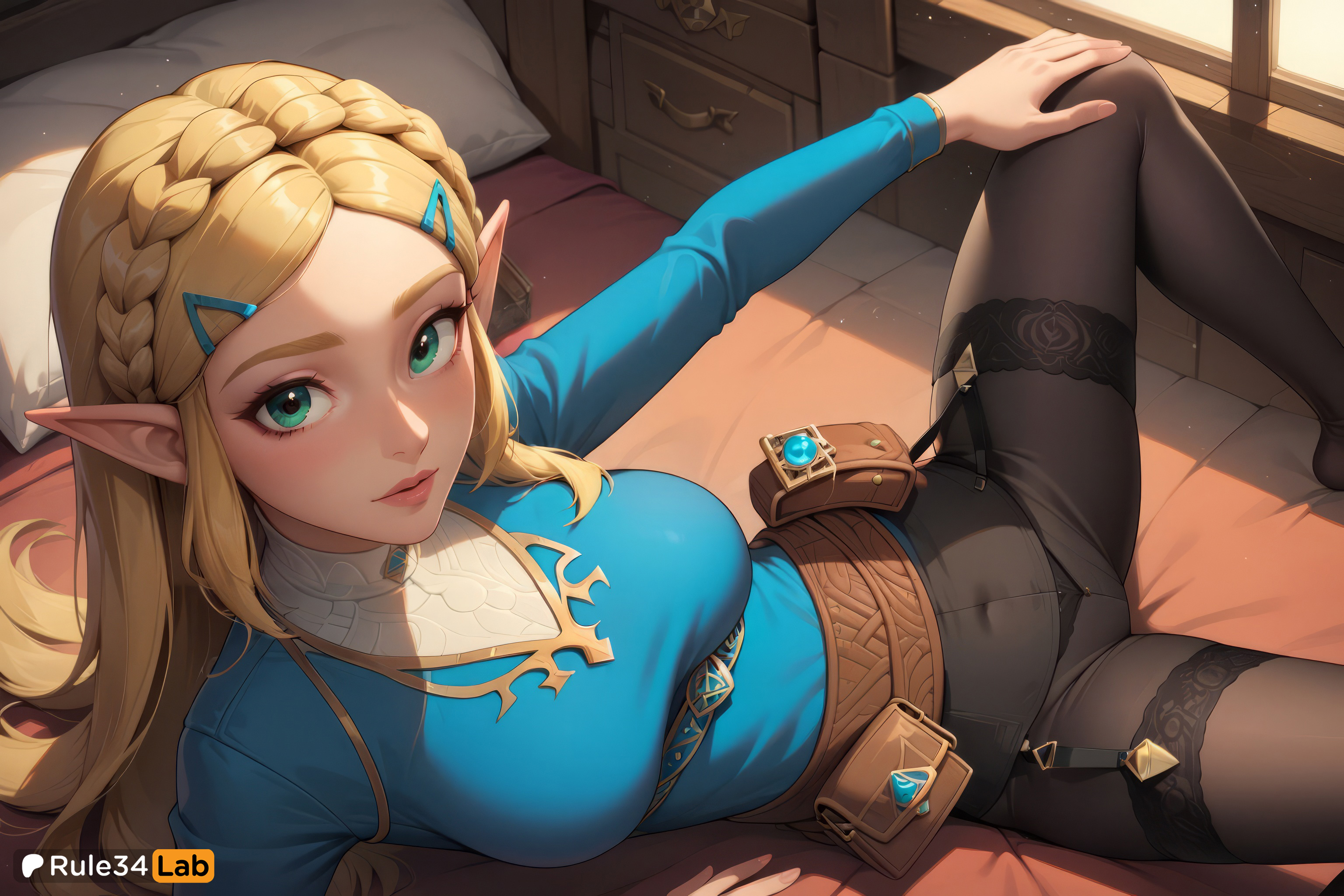 1girls, ai generated, artist name, bed, black pantyhose, blonde hair, blue shirt, blush, braid, breasts, breath of the wild, crown braid, female, female only, green eyes, hair ornament, hairclip, hi res, indoors, large breasts, lips, long hair, long sleeves, looking at viewer, lying, medium breasts, nintendo, on bed, panties, pants, pantyhose, parted bangs, parted lips, patreon logo, patreon username, pillow, pointy ears, pouch, princess zelda, rule34lab, shirt, smile, solo, spread legs, the legend of zelda, underwear, window, zelda (breath of the wild)