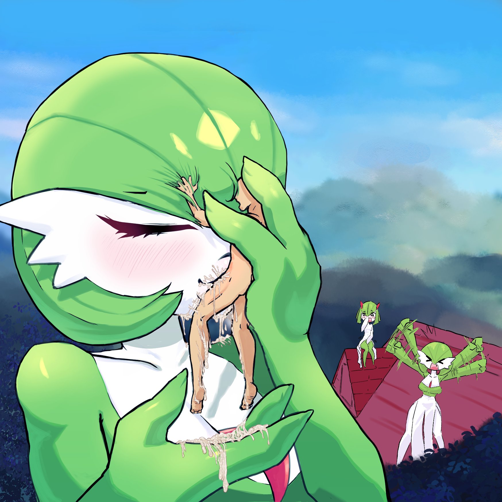 blowjob, blush, breasts, cum, excessive cum, fellatio, female, gardevoir, giant breasts, giantess, giantess fellatio, kirlia, larger female, male, nintendo, nude, oral sex, oversized fellatio, oversized oral, pokemon, pokemon (species), restrained, seductive, smaller male, stupidsexysensei, thick lips