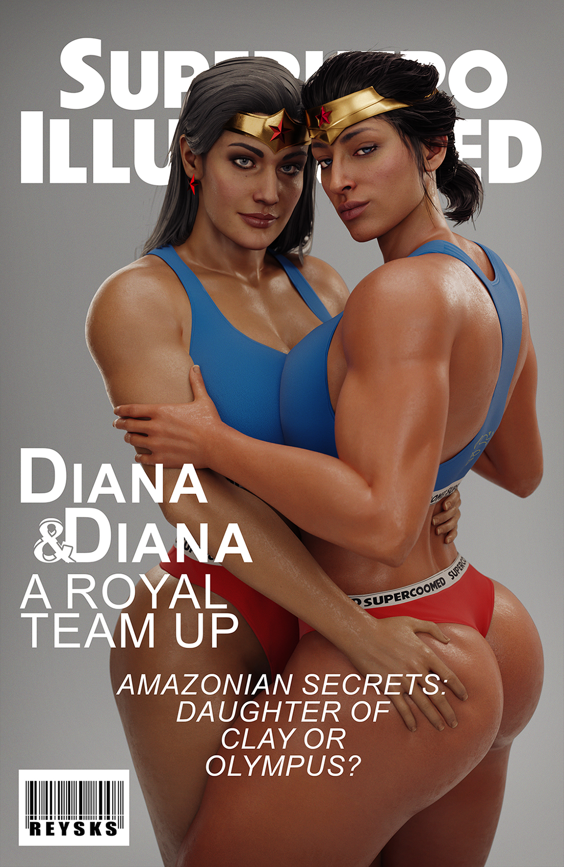 2girls, 3d, ass, ass grab, big ass, big breasts, breasts, dc, dc comics, diana prince, dual persona, female, female only, hair down, hand on ass, injustice, injustice 2, magazine cover, muscular, muscular female, panties, ponytail, rysketches, six pack, sports bra, suicide squad, suicide squad: kill the justice league, supercoom, tanned female, tanned skin, text on clothing, thick thighs, tiara, wide hips, wonder woman, wonder woman (injustice), wonder woman (series), wonder woman (suicide squad game)