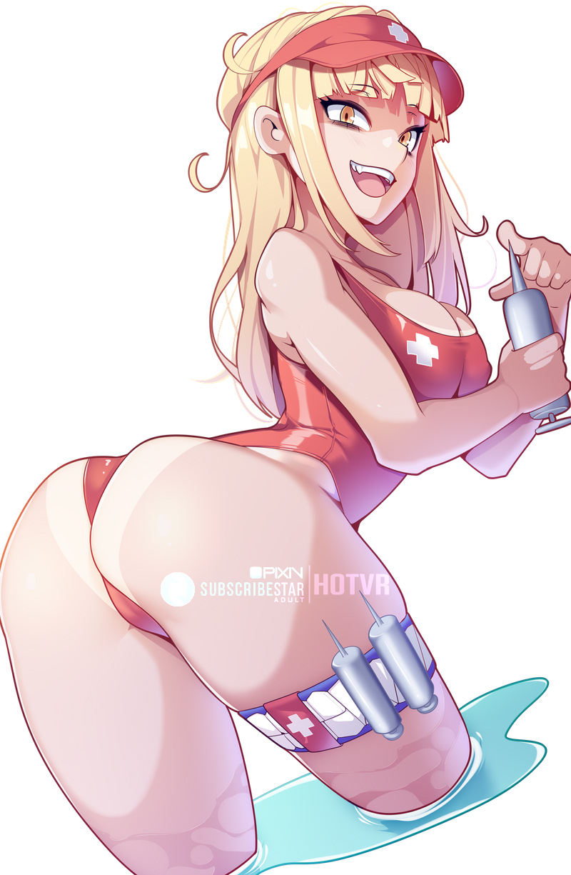 1girls, alternate hairstyle, blonde hair, blonde-haired female, fangs, himiko toga, hotvr, lifeguard, long hair, my hero academia, solo, swimsuit, syringe, tagme, water